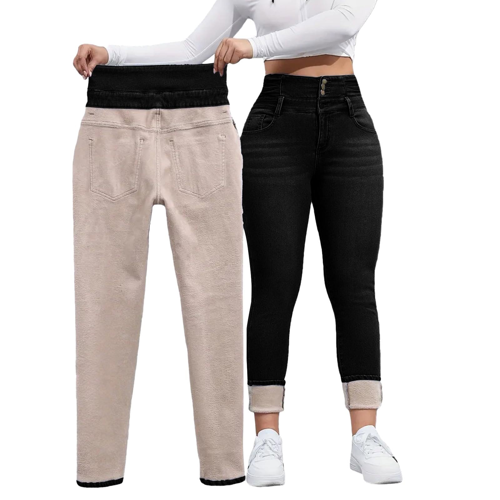 Jean Stretch Femme Taille Haute Pantalon Doublé Polaire Chaud