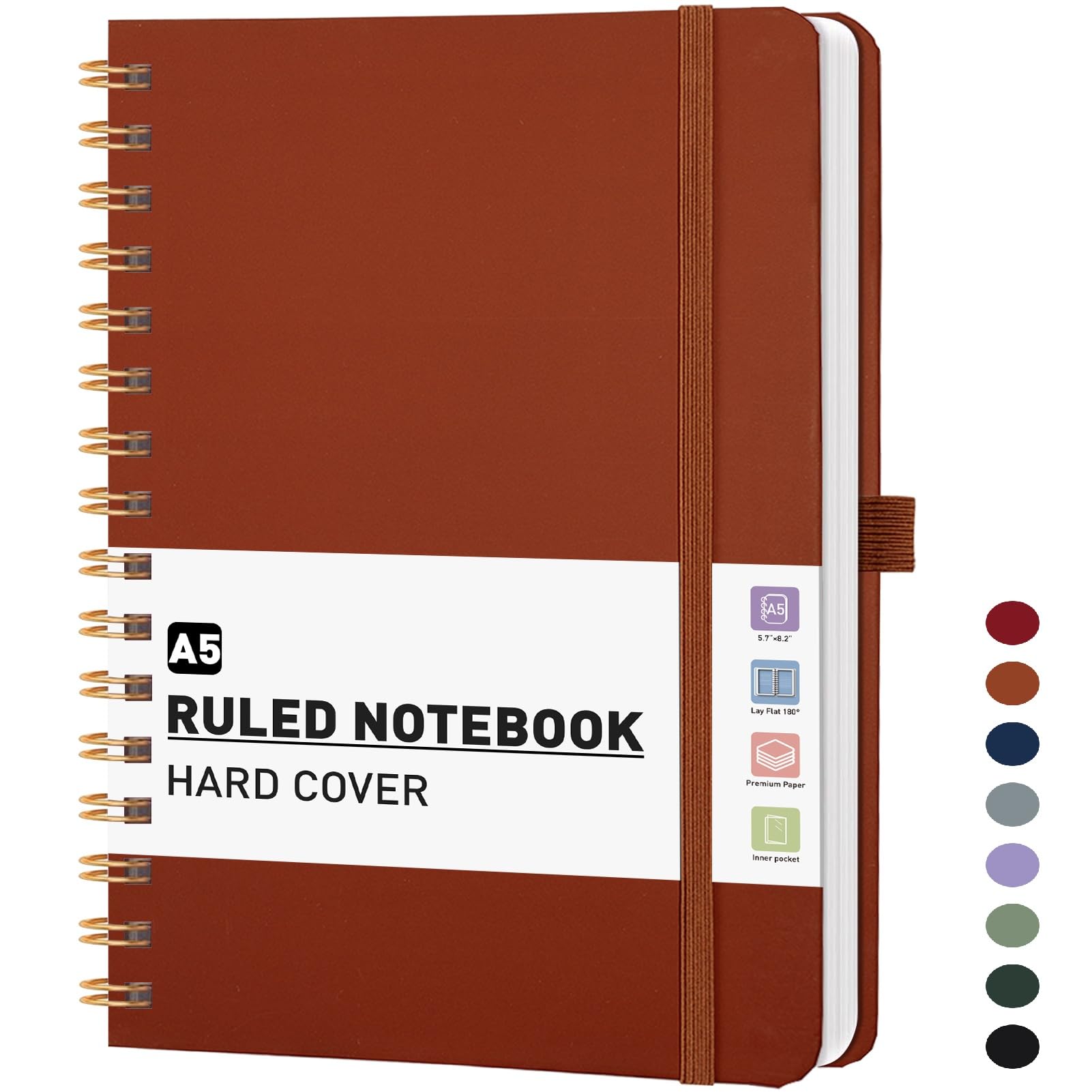 PYNEX A5 Spiral Diary Notebook, Hardcover Lined Journal for Women,150 Pages, Writing Notebook for Work, Study - Brown