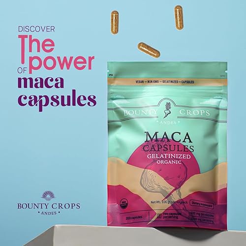 Miniatura 5 de Cápsulas de polvo de maca orgánica 1000 mg por porción, gelatinizadas, sin OMG, 200 cápsulas veganas, maca peruana negra, roja y amarilla, apoyo de