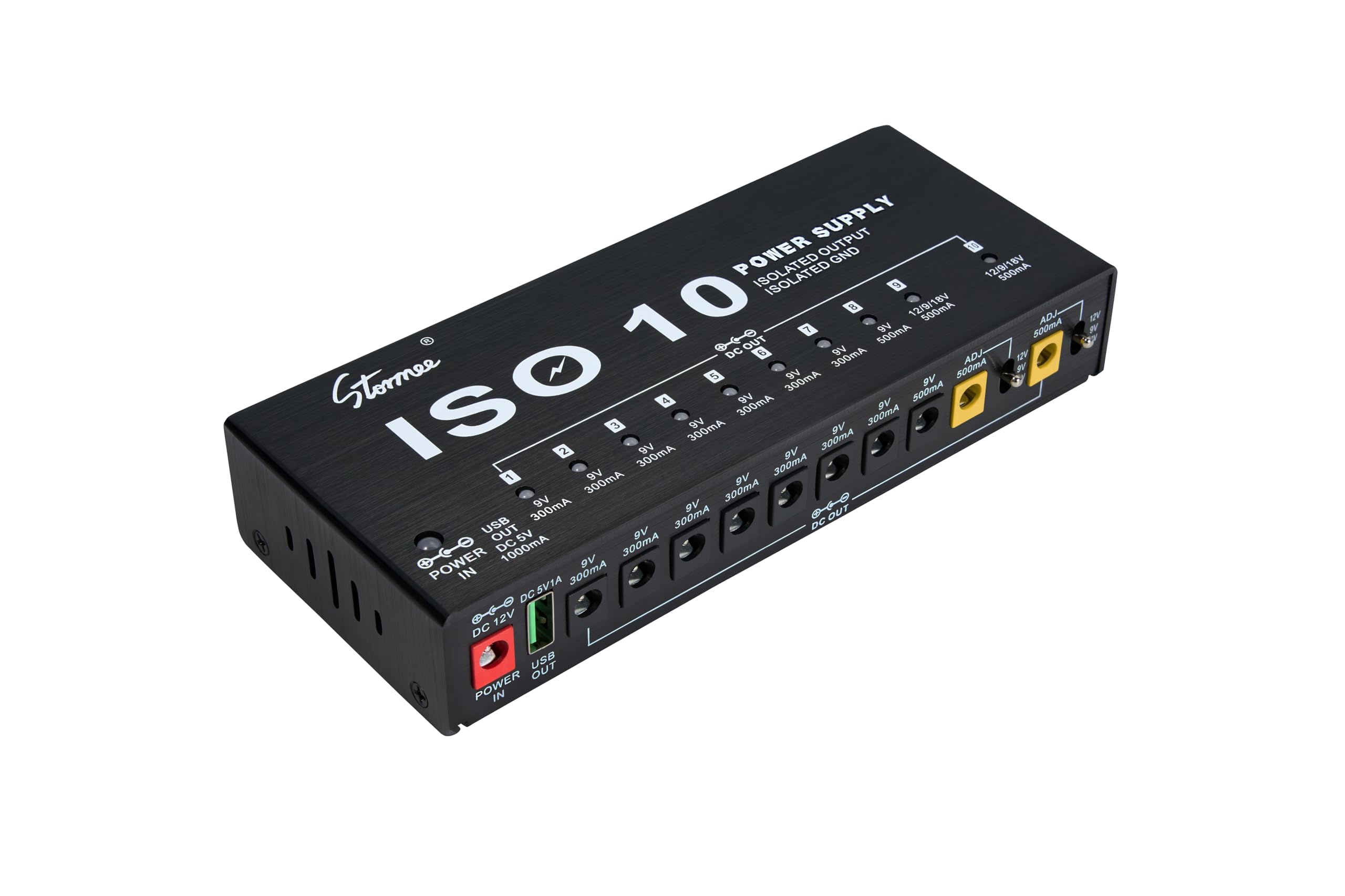 Stormee SP-2 - Alimentatore a pedale per chitarra, 10 uscite CC isolate, 9V/12V/18V 300mA 500mA per pedali effetto, con porta USB, protezione da sovracorrente da cortocircuito