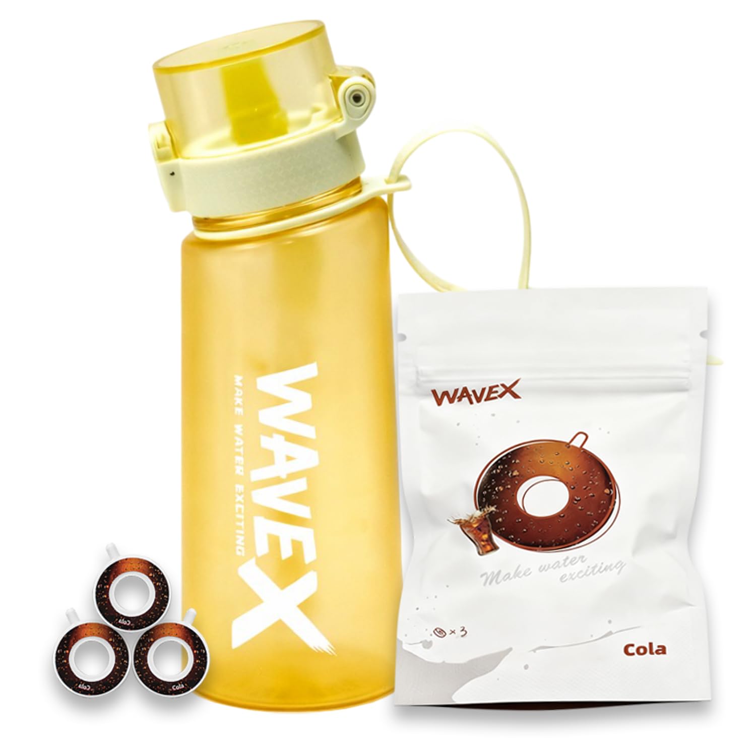 WaveX Scented Water Bottle with 3 Cola Scent Pods, BPA Free, Flip Top Leak-Proof Lid, Straw &amp; Carry Strap Included, Enhance Hydration with Subtle Aroma Experience,No Sugar or Calories (Golden Yellow)