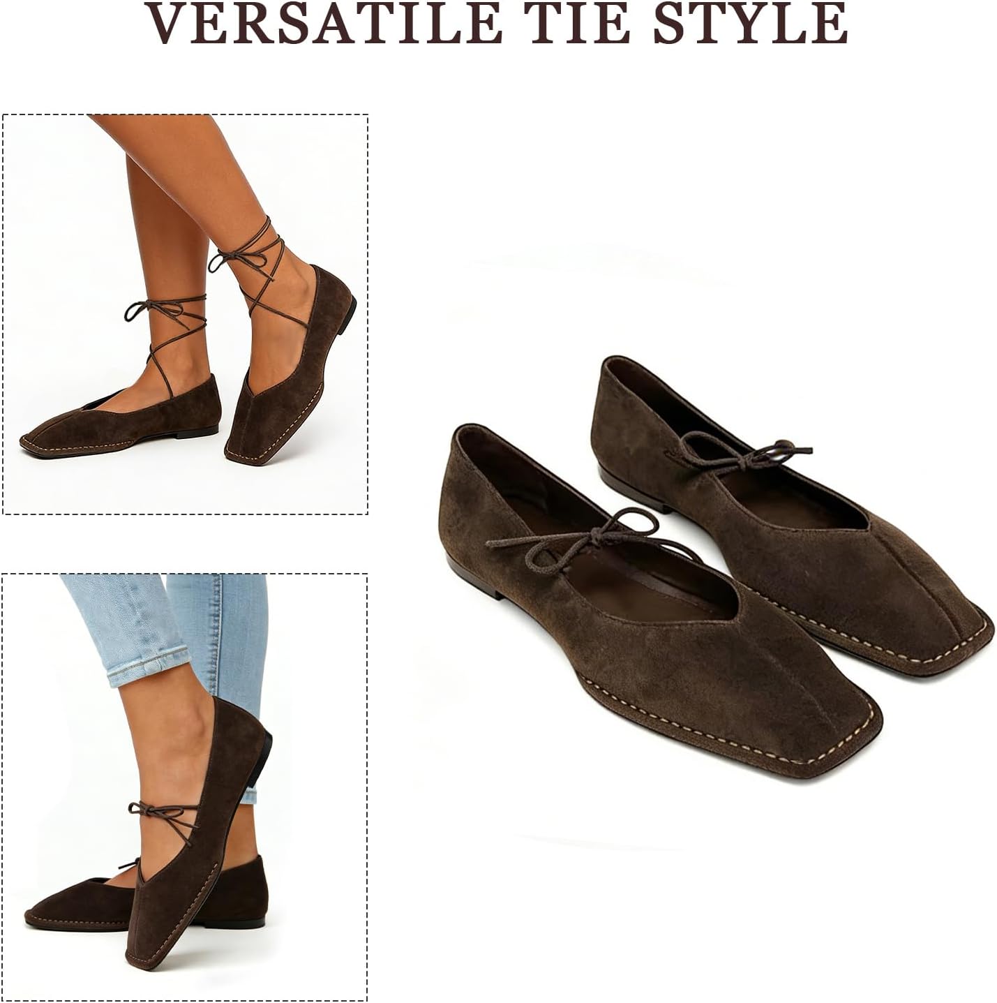 Square Toe Ballet Flats for Women Bow Strap Mary Jane Flats Lace Up Comfortable Ballerina Shoes