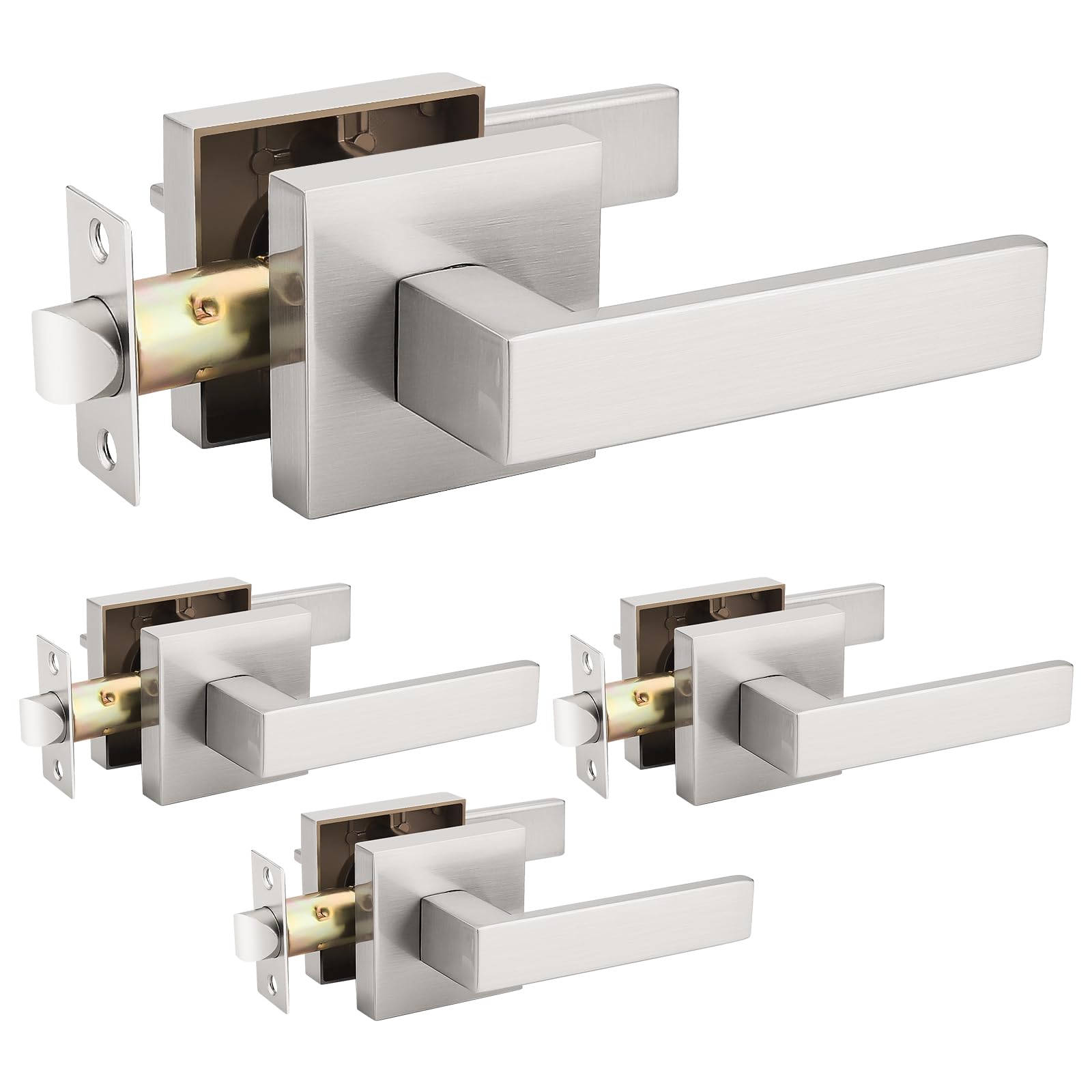 Probrico 4 Pack Satin Nickel Square Door Lever Door Lock Handle Lockset Keyless Doorknobs Passage Knobs Lockset Interior Hallway Passage Closet