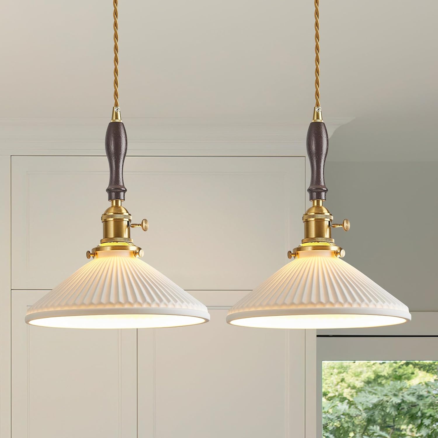Modern White Wave Ceramic Pendant Light Walnut Wood Hanging Light Fixtures E26 Base Mid Century Vintage Hanging Lamp for Kitchen Island Dining Room Bedroom (2 Pack)