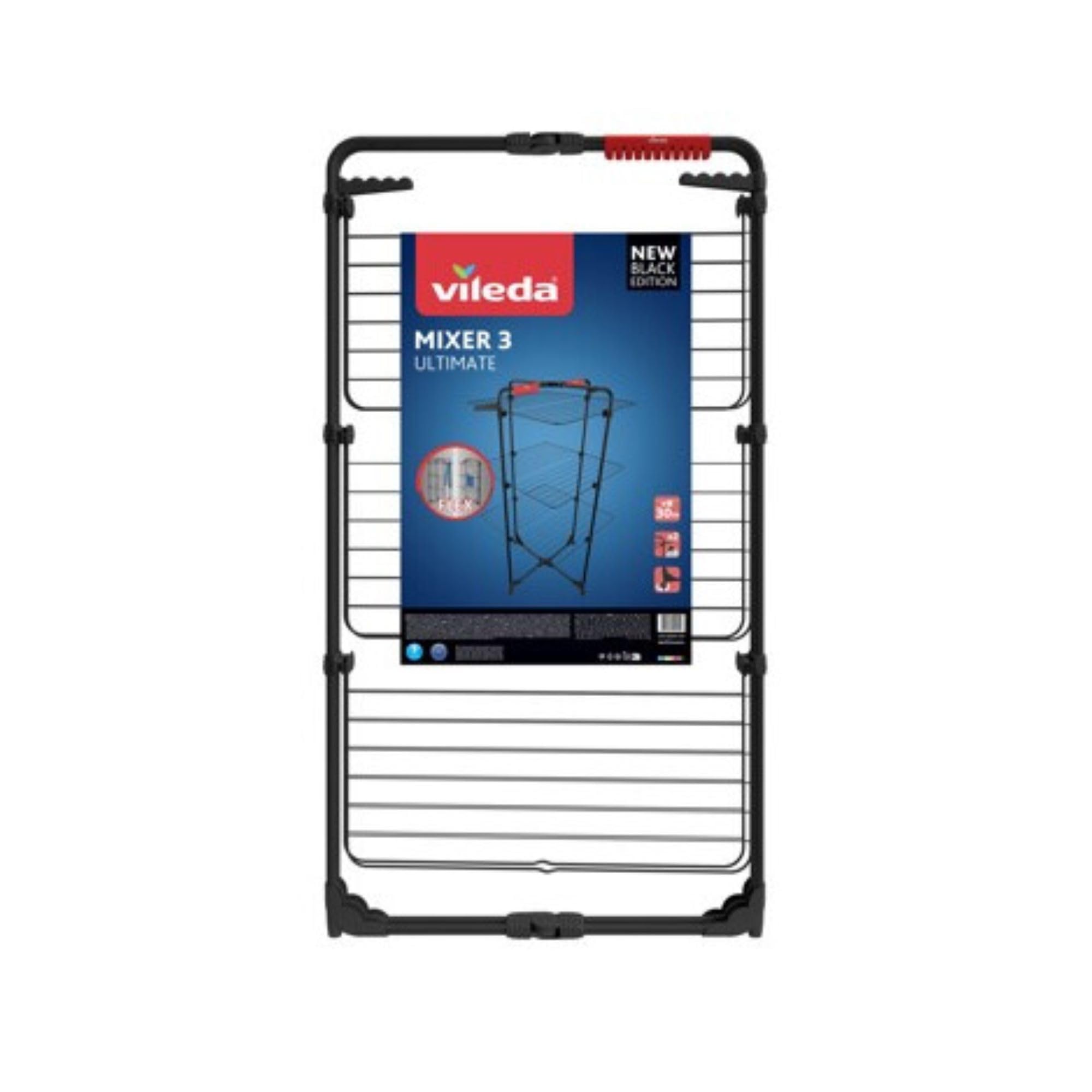 Vileda Séchoir Mixer3 Ultimate de Black Edition | Longueur de séchage de 30 mètres | Flexible | Facile à déplacer et à Transporter | roulettes pivotantes | Porte Chaussettes