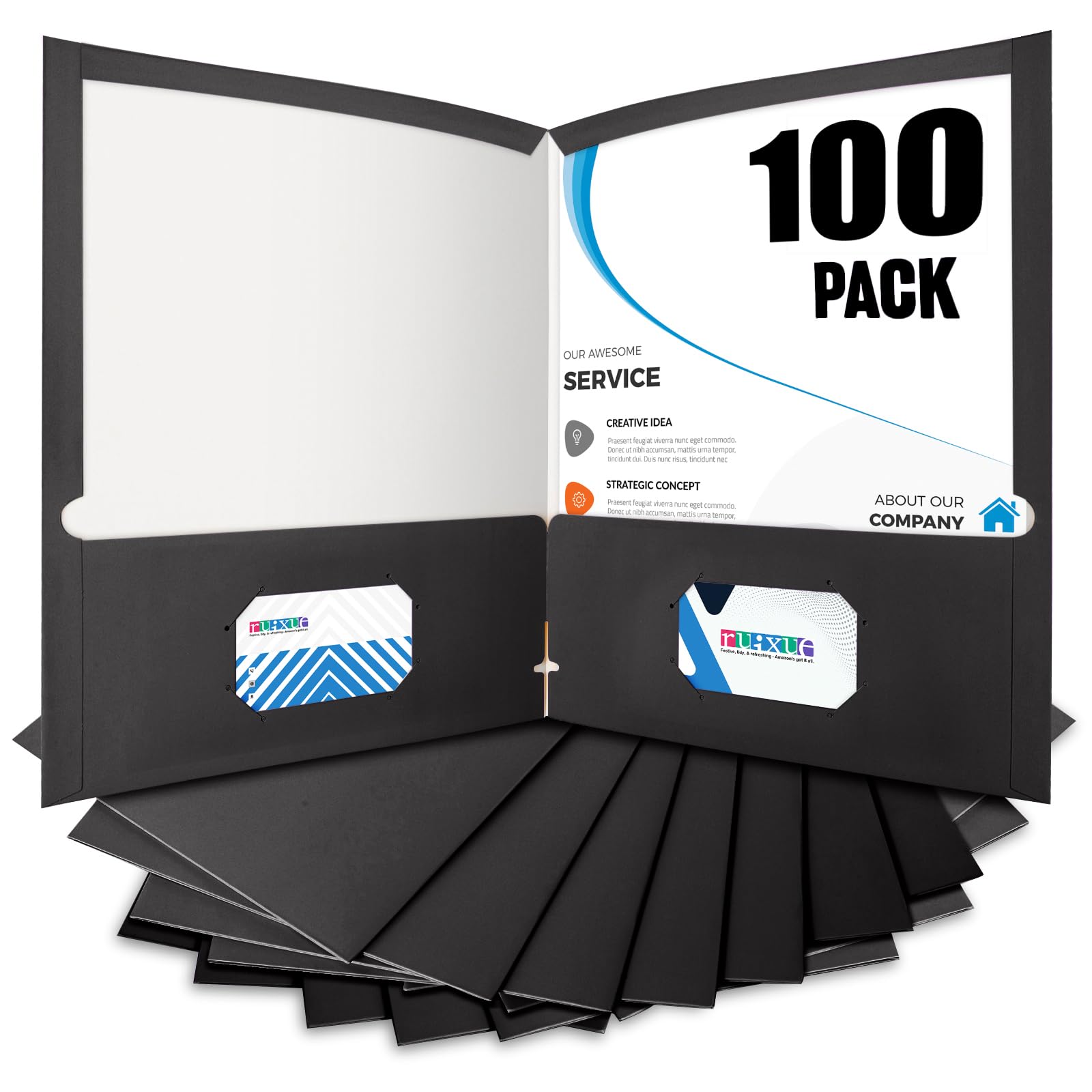 100 Packungen blaue Ordner mit Taschen, Papiermappe, Oberfläche mit Wasserdichtung, Briefform, für 100 plus Blätter, für Schule, Büro, Geschäft, 100 Stück, Schwarz