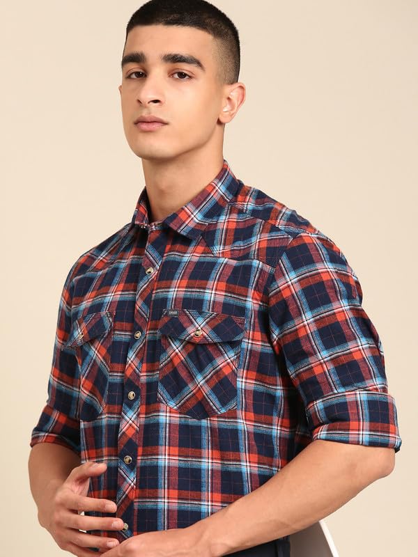 Image of Cavallo by Linen Club Men's Blended Linen Checked Contemporary Fit Full Sleeve Casual Shirt