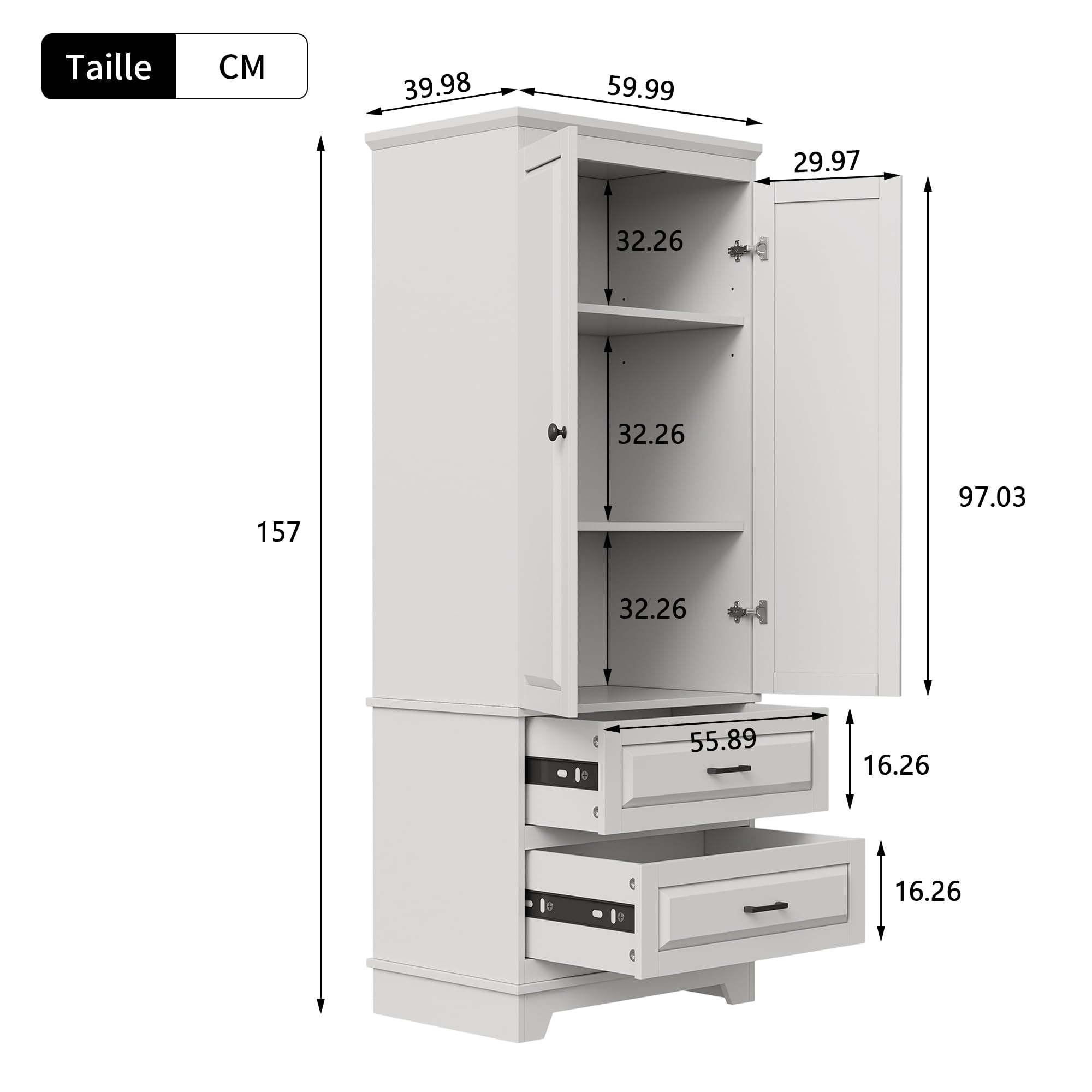 Armadietto da bagno alto, in legno, bianco, 157 x 60 x 40 cm, con cassetti, 2 ante e regolabili, per soggiorno, cucina