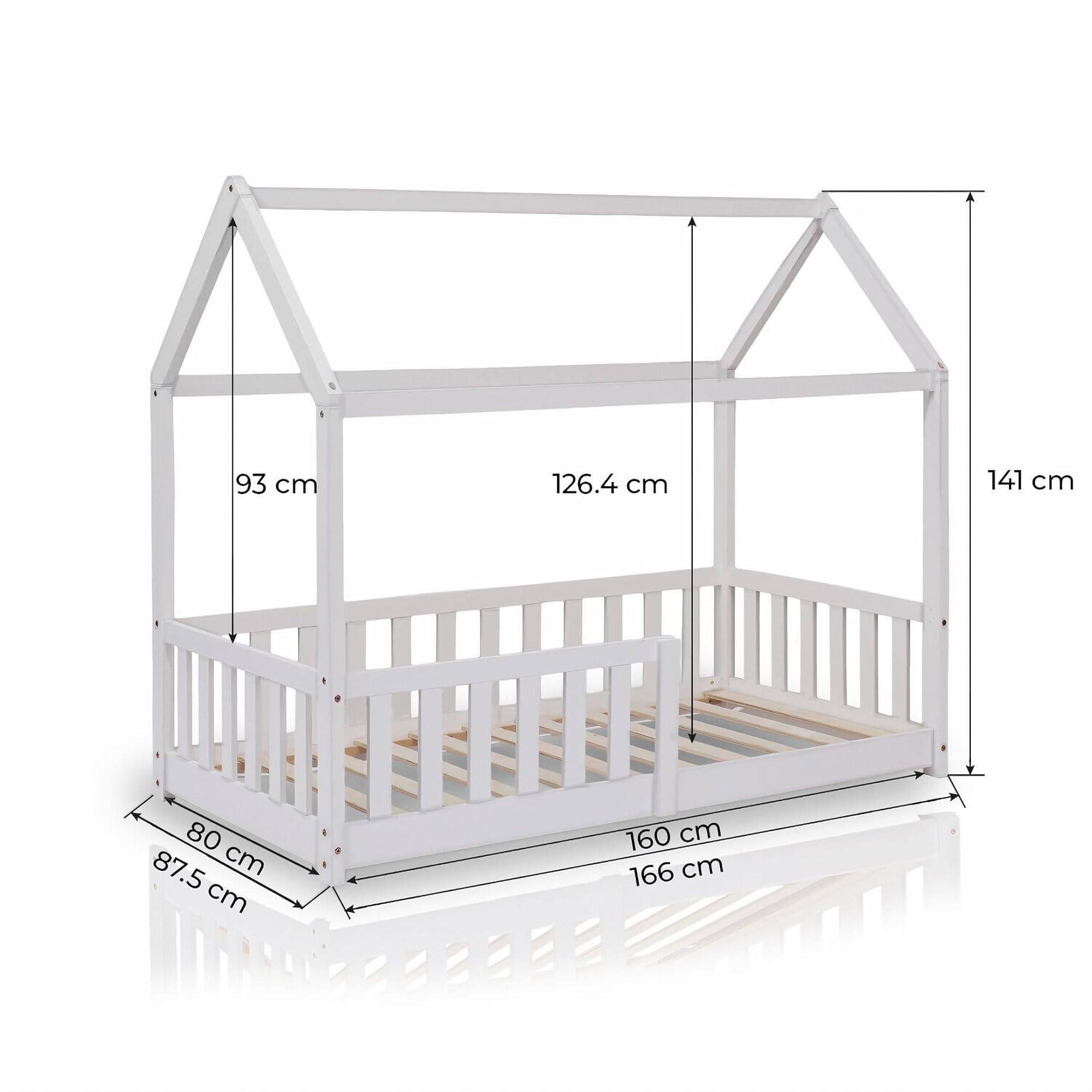 ecomi® Lettino per bambini 90x200 80x160 cm con protezione cadute e rete a doghe Bianco