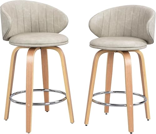 Miniatura 8 de Juego de 2 taburetes de bar modernos de madera curvada de mediados de siglo, taburetes giratorios de piel sintética con respaldo para encimera de