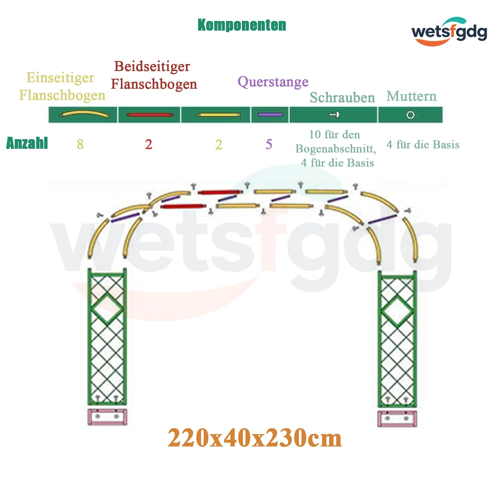 Rosenbogen,Gartenbogen aus Metall,Nützlich Bei Hochzeiten Und Vor Ihrer Haustür，Hochzeitsbogen，Gartentorbogen-L180xW40xH230cm-Weiß-B
