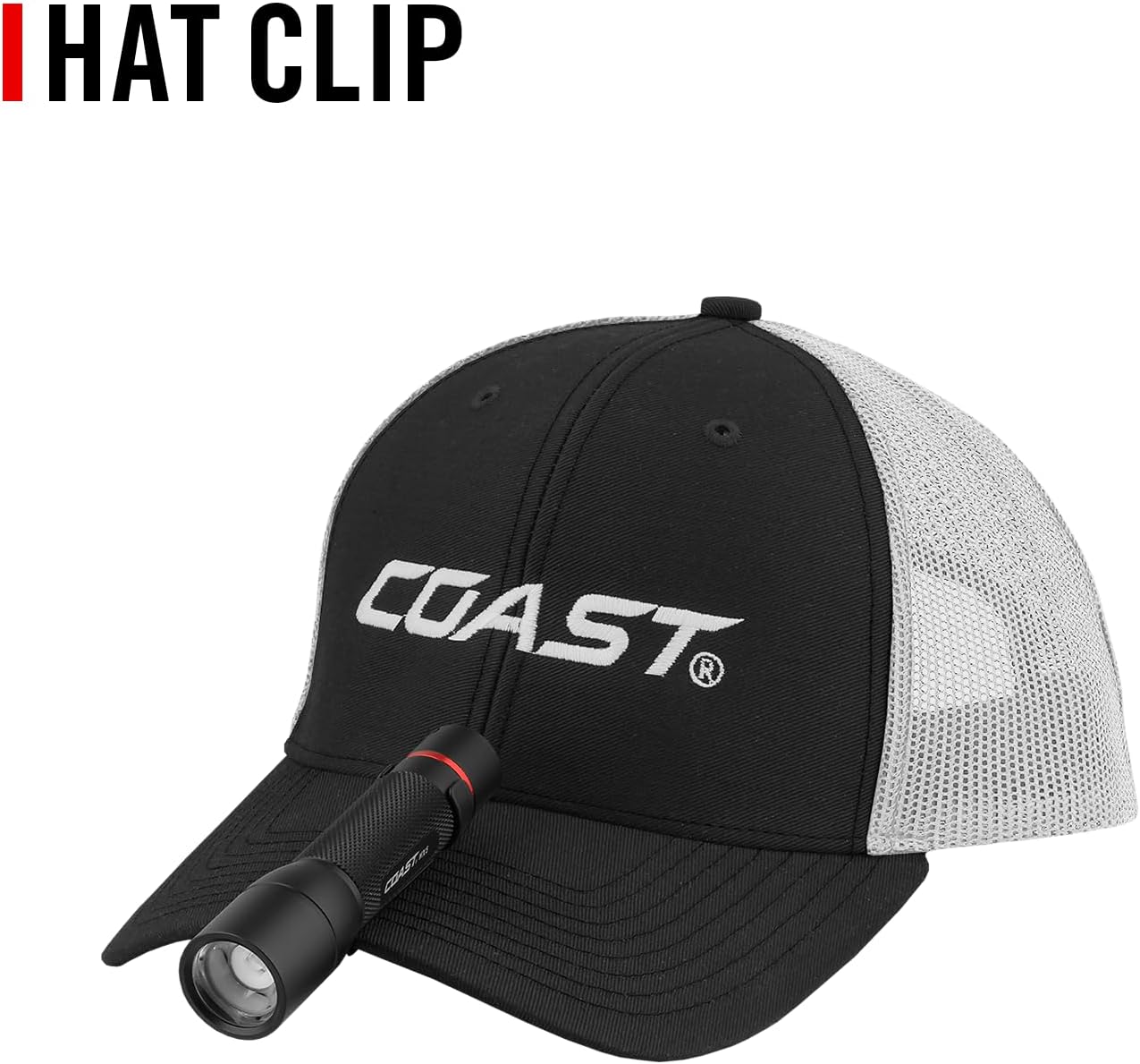 Coast PX1 flashlight clipped to the brim of a baseball cap