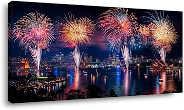ZESTRILIA Sydney Fireworks Canvas Wall Art for Living Room Office Contemporary Panoramic Vibrant Canvas Artwork Living Room Bedroom Room Decor