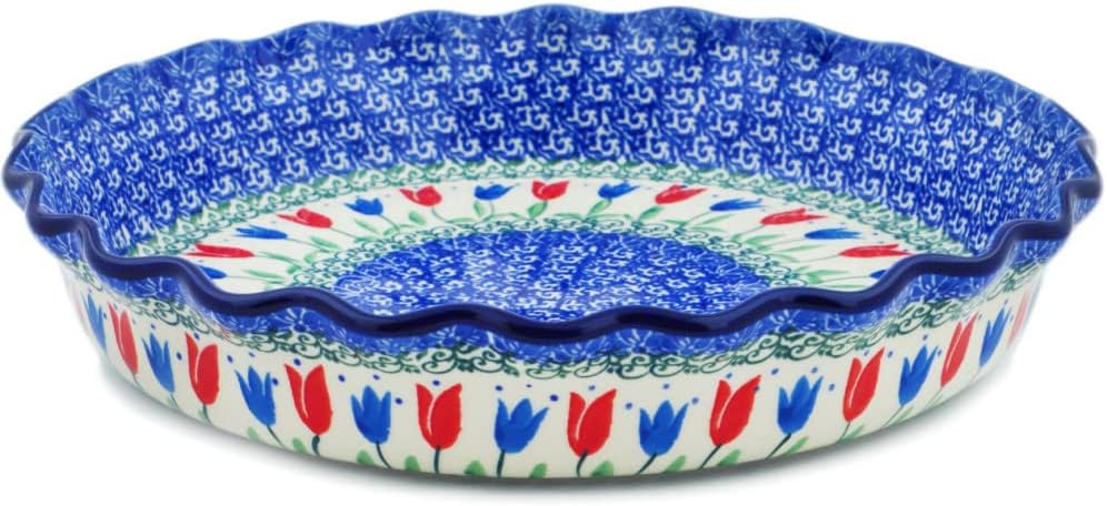 Polmedia Polish Pottery Fluted Pie Dish - Tulip Fever Pattern Handmade in Boleslawiec Poland by Ceramika Artystyczna + Certificate of Authenticity