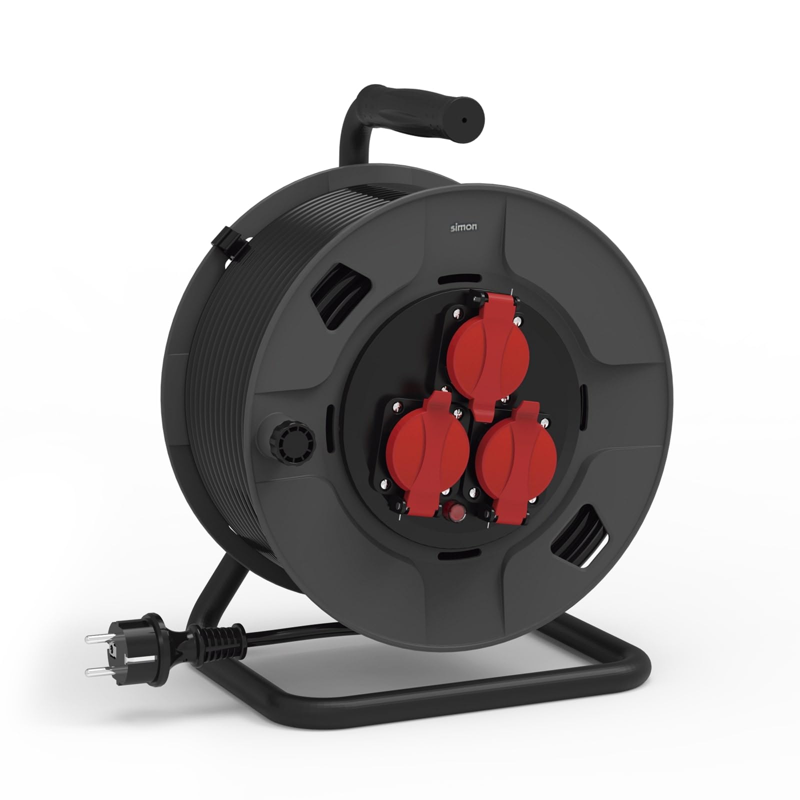 Simon – Extensible Profesional H07RN-F, Alargador Enchufe 3 Tomas IP55, Cable 3G2.5mm² (15m), Enrollacables Resistente para Exteriores, Alargadera Eléctrica, Color Negro y Rojo