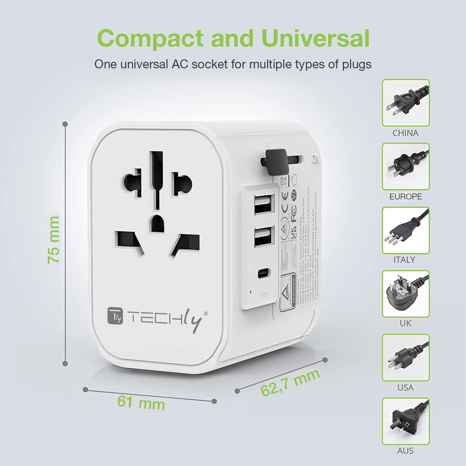 Techly 367782 Adattatore da Viaggio Universale 150 Paesi 2 Porte USB-A e 1 Porta USB-C™ Bianco Bianco