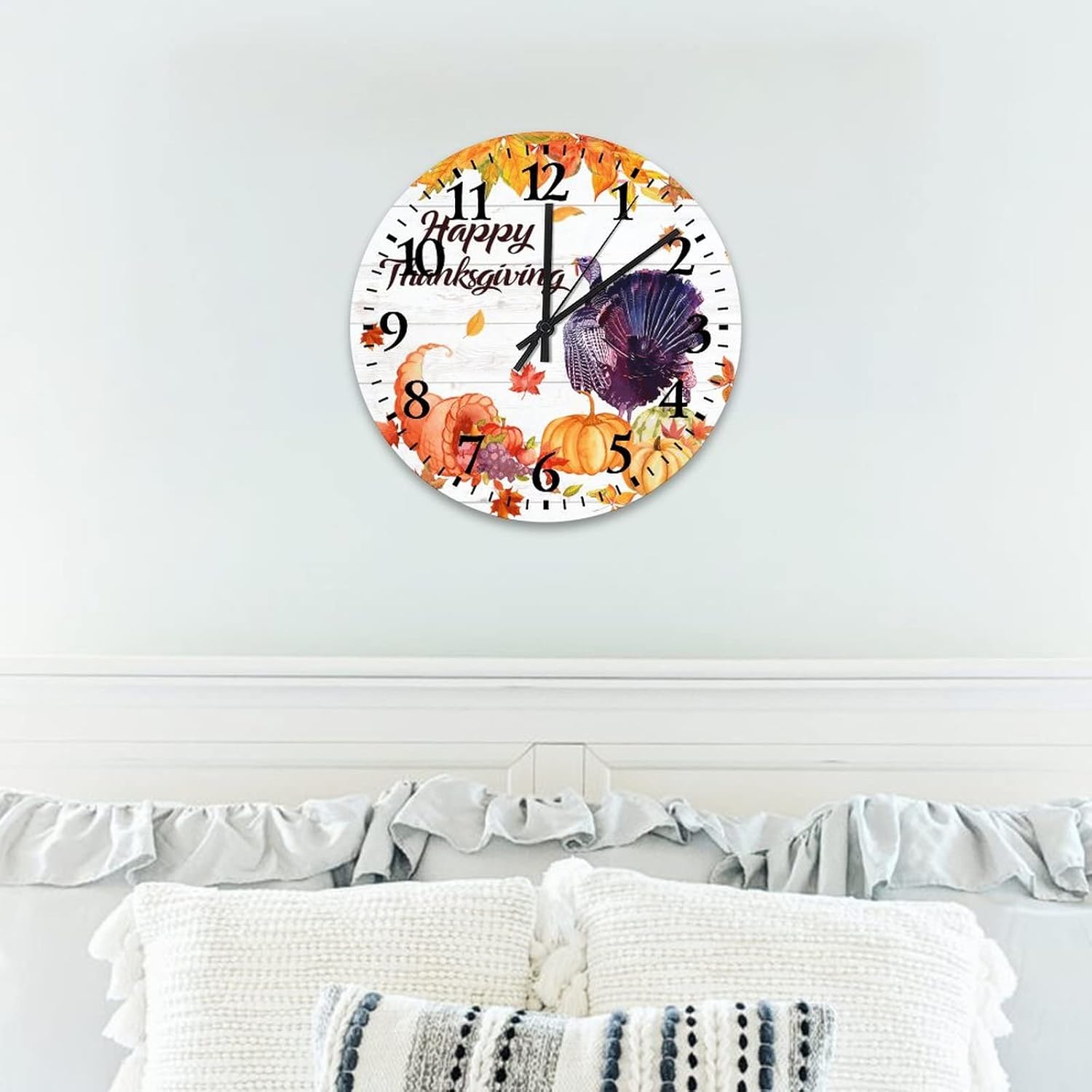 Wooden Clock Happy Thanksgiving Day Funny Turkey with Pumpkins Maple Leaves Table Clock Battery Operated Silent Non-Ticking Autumn Thanksgiving Day Round Clock for Dining Room Decor 12 Inch