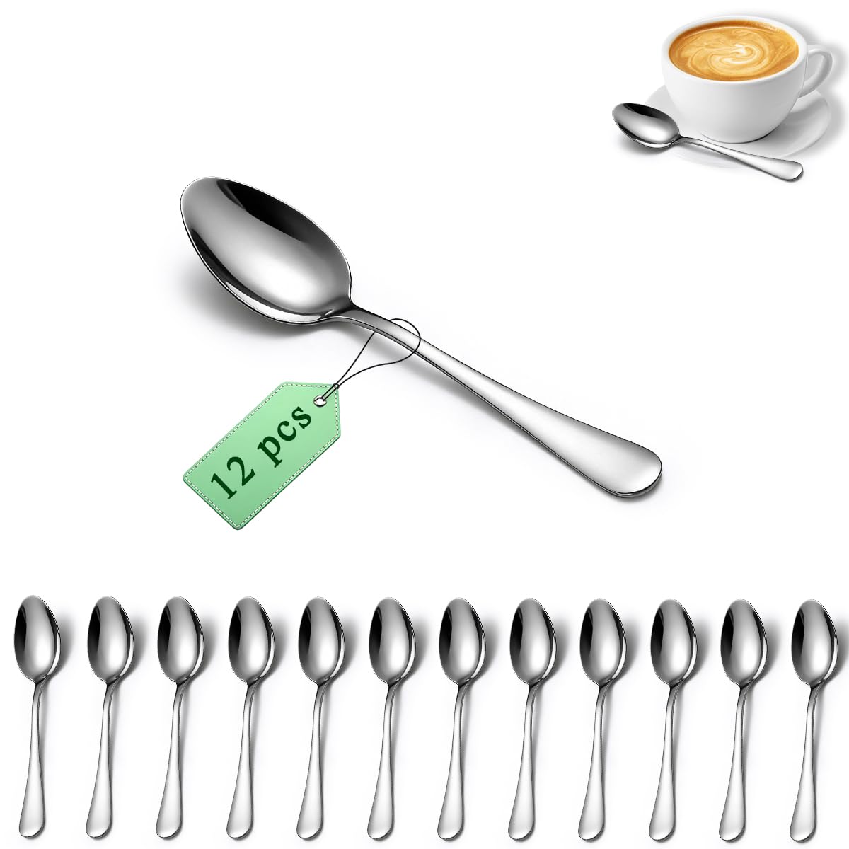 Cuillères à Café 12 Pièces 14cm, Berglander Set de Petites Cuillères en Acier Inoxydable pour Thé, Dessert, Glace, Espresso Demitasse, Cuillère Métal pour Maison, Cuisine, Restaurant, Fête, Mariage