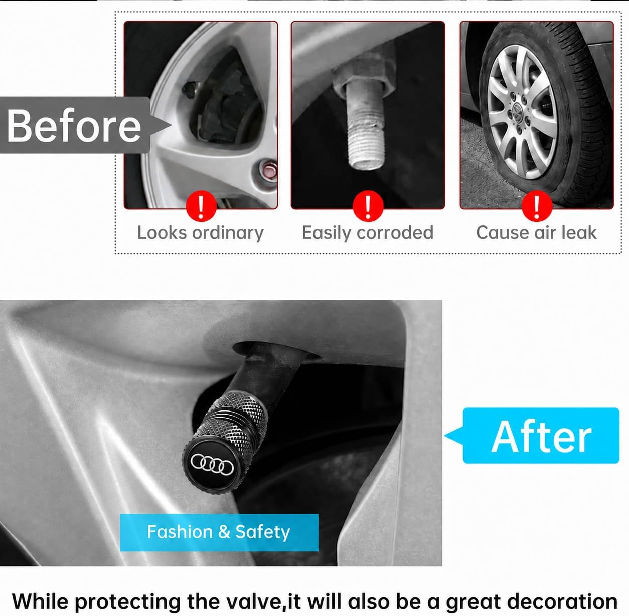 Car Tire Valve Stem Caps for Automobiles,Dust Caps Compatible with Audi A1 A3 RS3 A4 A5 A6 A7 RS7 A8 Q3 Q5 Q7 R8 S Series Car Tires，Alloy Leak-Proof Valve Cover