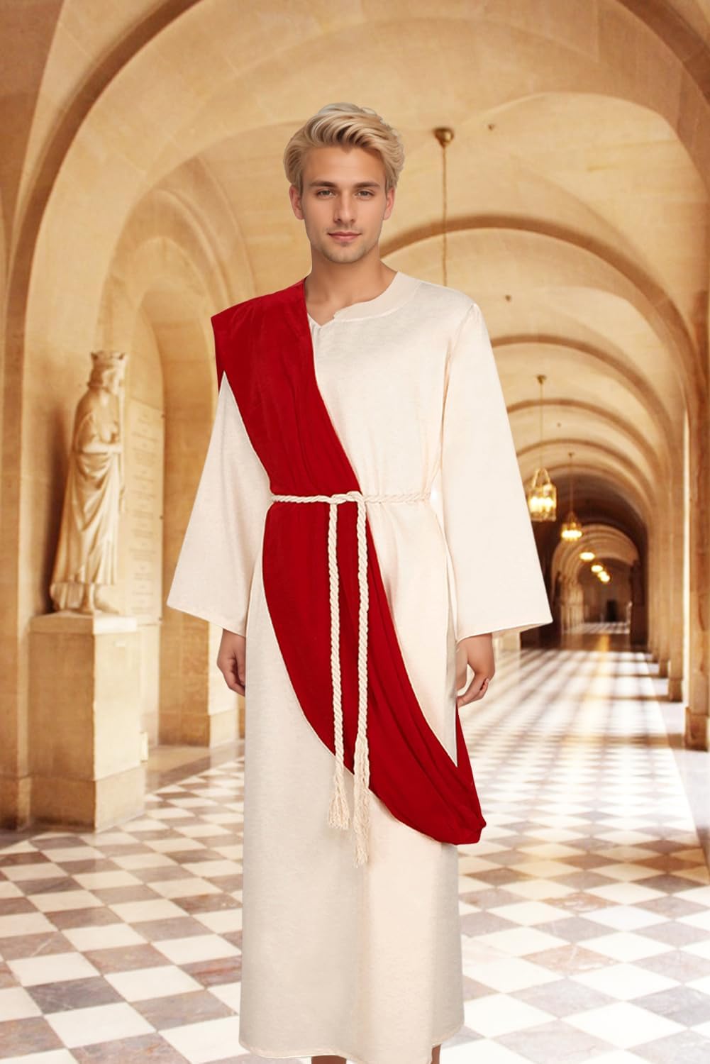 Men Christ Costume Set Adult Ancient Greek Robe Biblical Saint Cloak with Scarf Waist Rope - Image 6