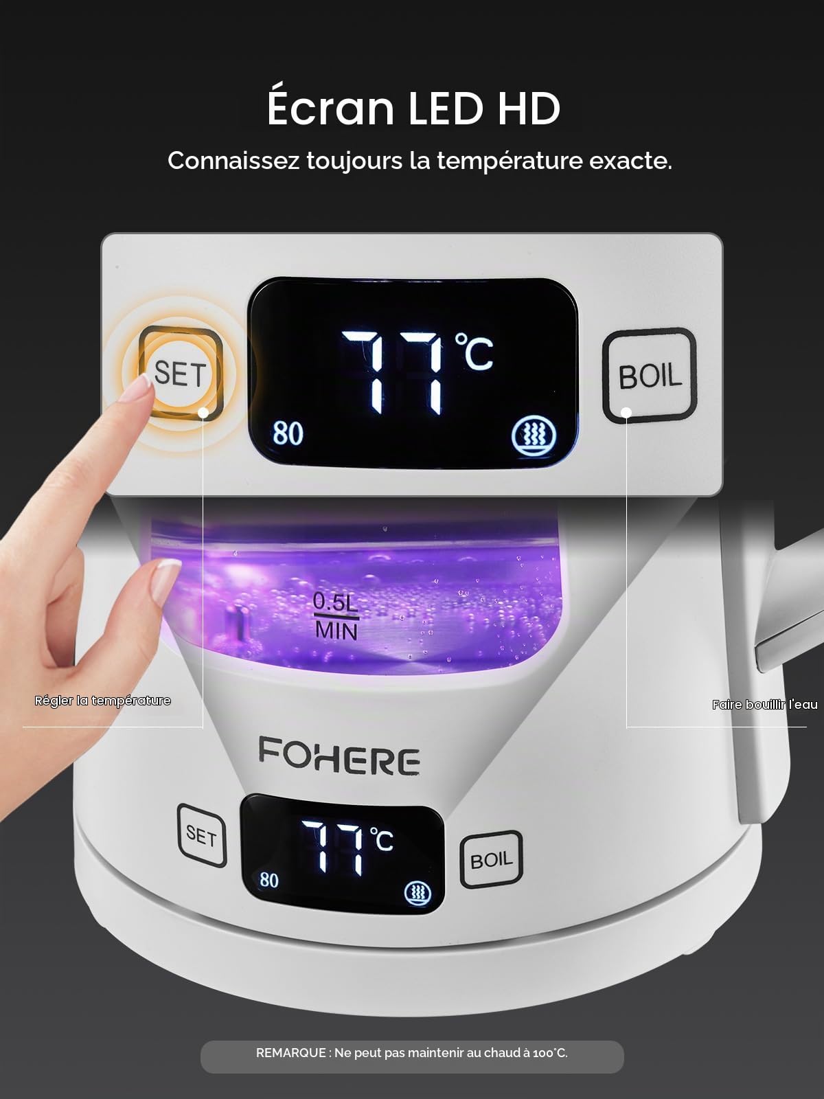 Bouilloire Électrique, 1.7L Bouilloire en Verre avec Maintien au Chaud, 5 Contrôles de Température, 2200W Ébullition Rapide, Arrêt Automatique et Protection Contre L'ébullition à Sec