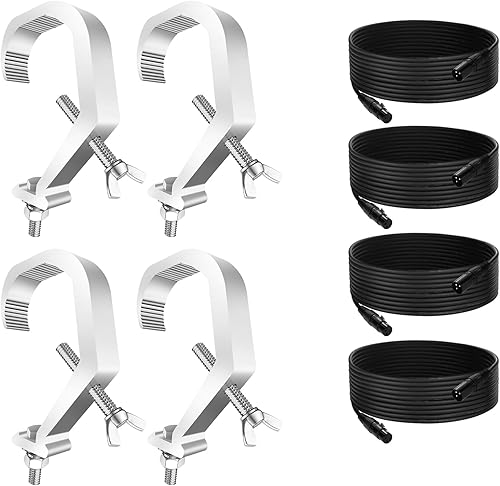 Paquete de 4 abrazaderas de luz de DJ de alta resistencia, carga máxima de 180 libras y cable DMX de 25 pies, paquete de 4