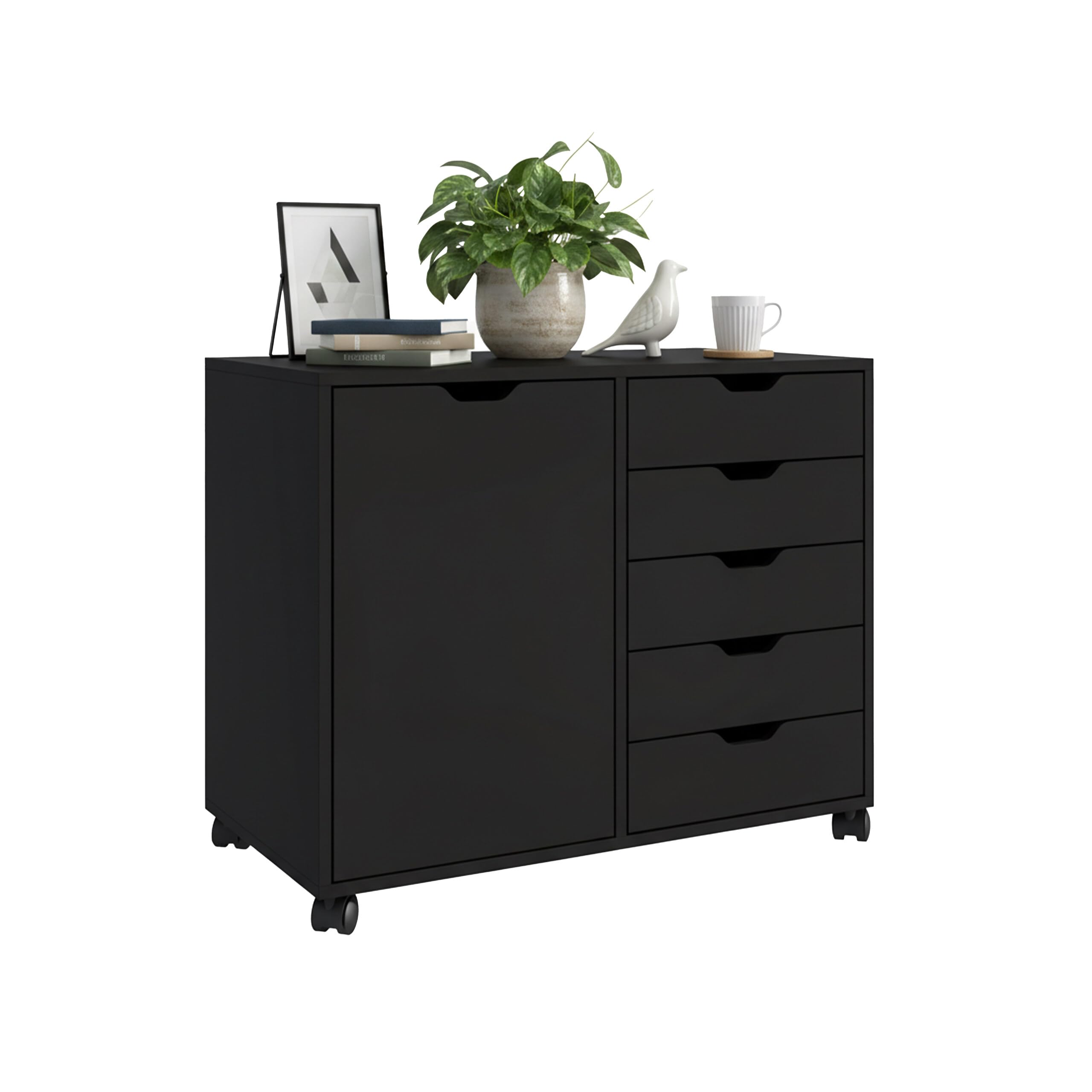 Contenitore con rotelle Relaxdays, 5 cassetti e 2 Scomparti, HLP: 65x78x40 cm, armadietto da Ufficio Mobile, Nero