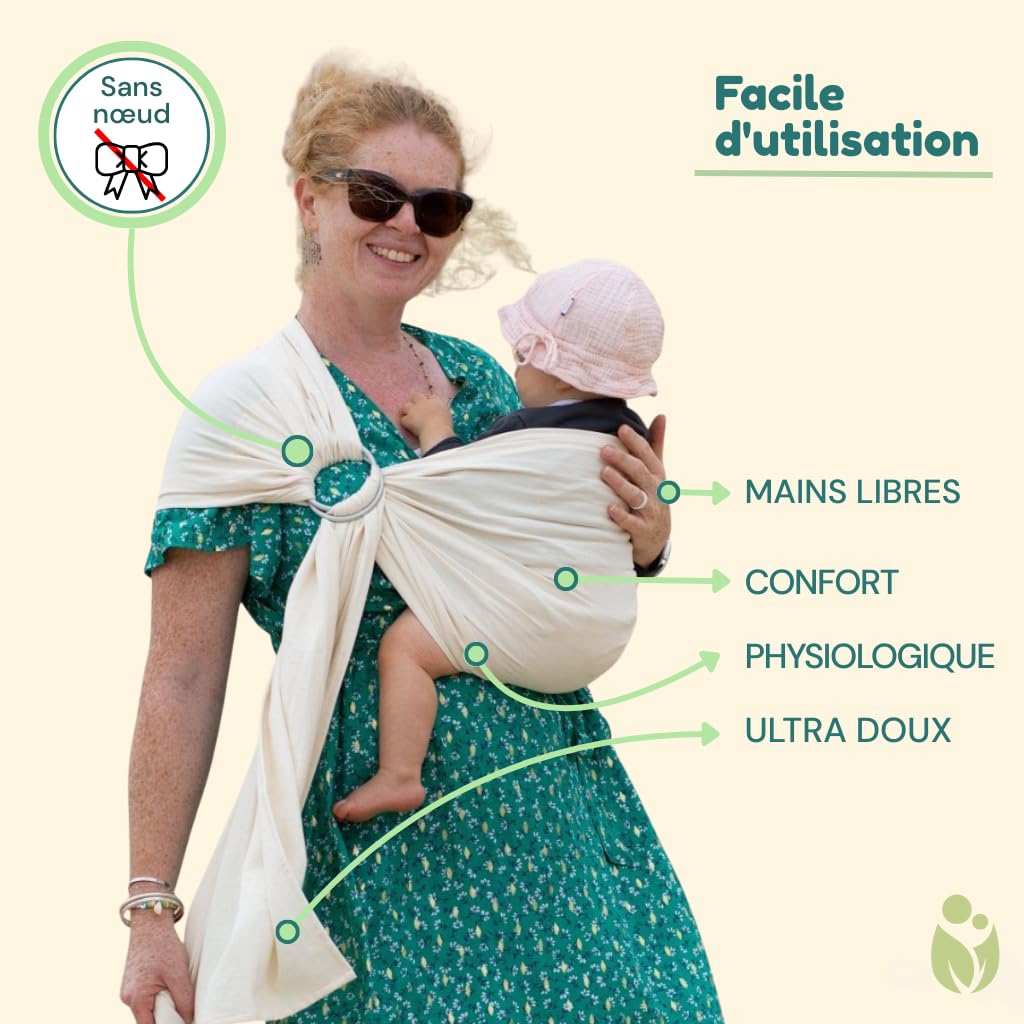Naturioù - Simply Sling - Écharpe de Portage Bébé Simple Sans Noeud 100% Coton - Tissage Sergé Brisé - Naissance à 15kg - Écru - 3