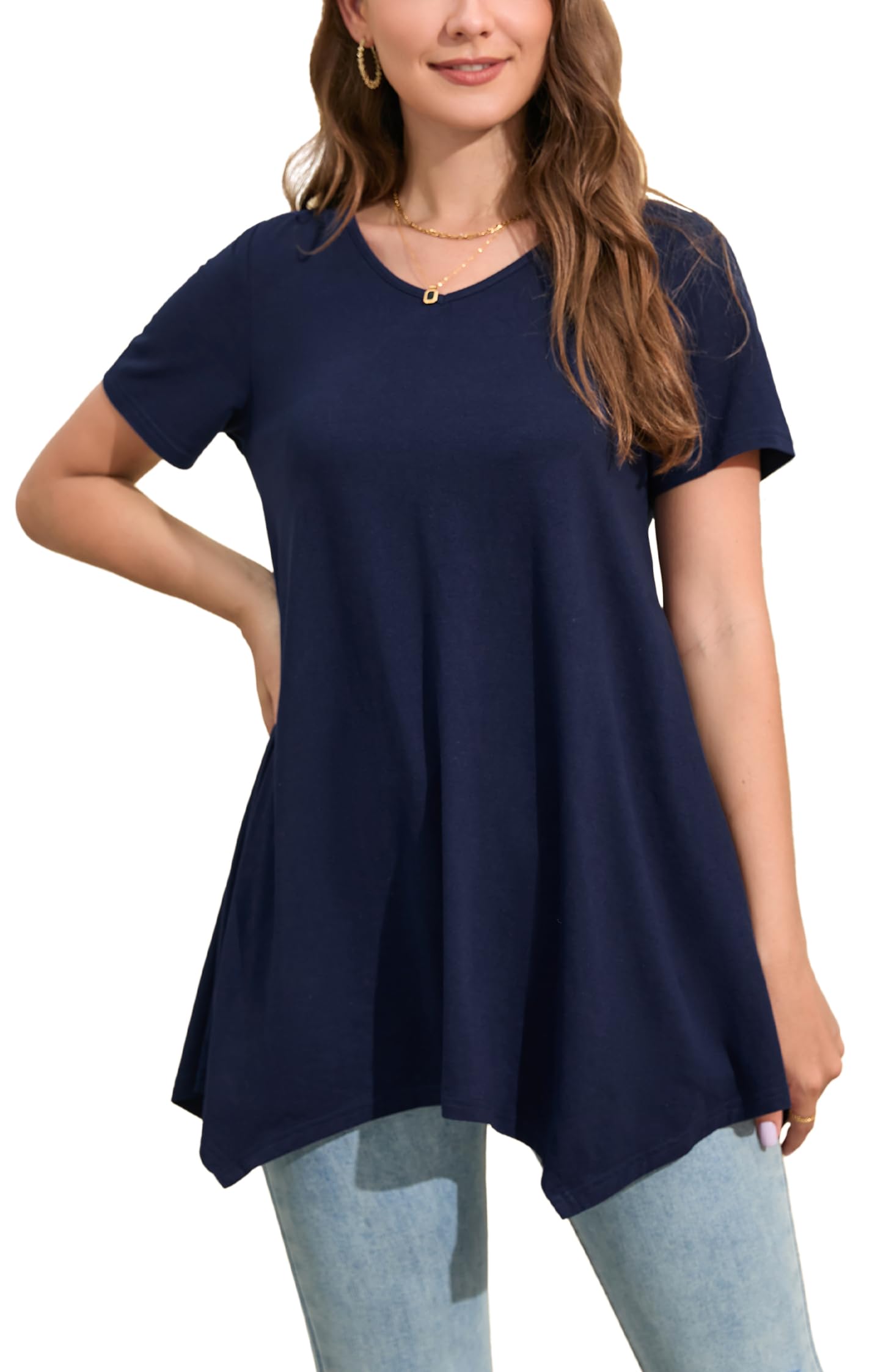 Enmain Camiseta Mujer Manga Corta Top Túnica Blusa Larga on Cuello en V Talla Grande Tops de Colores Sólidos/Estampadas T Shirt para Mujeres S-3XL