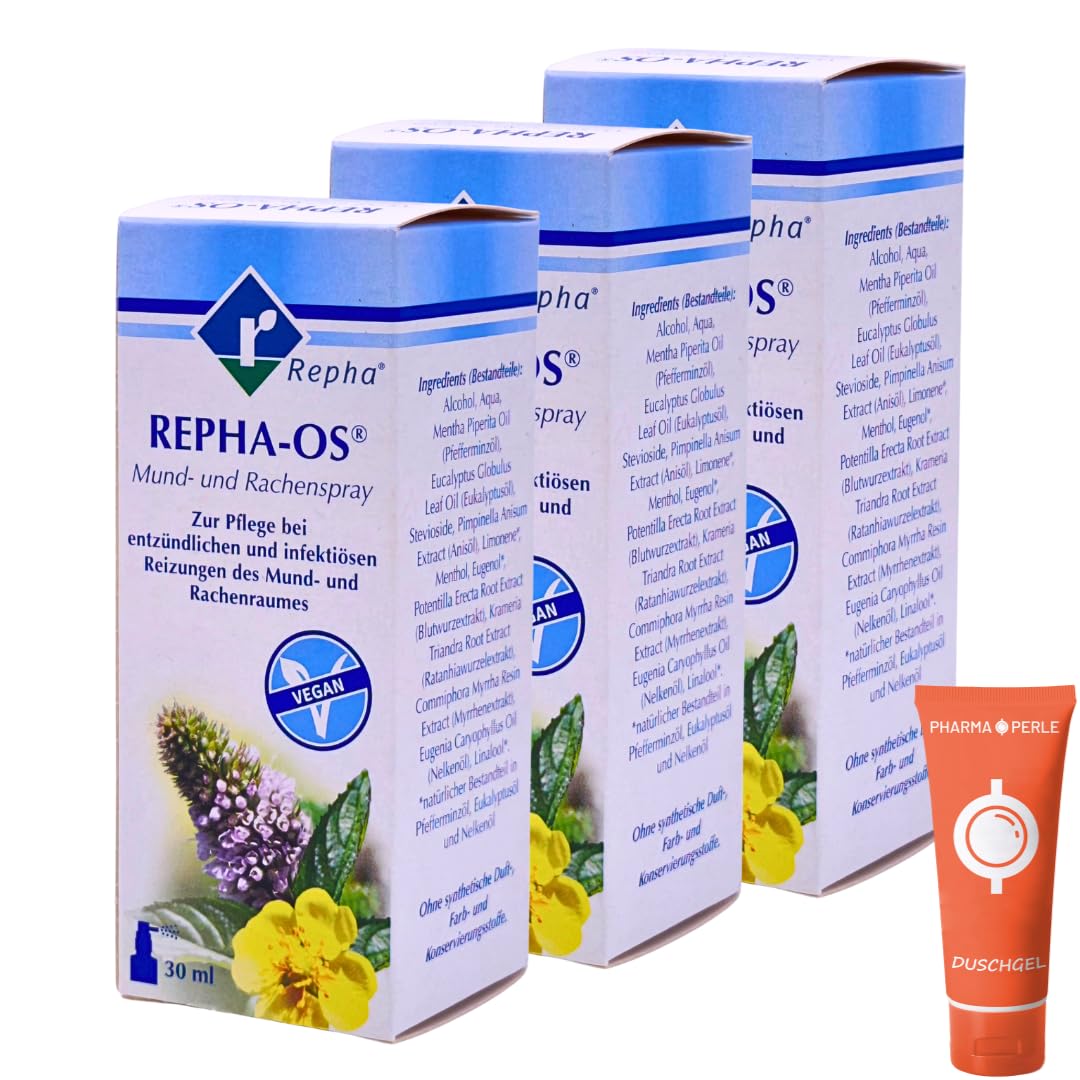 Repha-OS Mund- und Rachenspray 3x 30 ml I Pflege bei entzündlichen & infektiösen Reizungen im Mund- & Rachenraum I zuckerfrei & pflanzlich I gegen Mundgeruch I Spar-Set plus Pharma Perle give-away