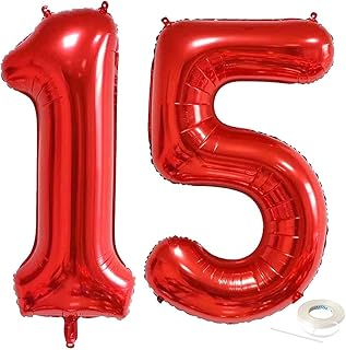 40 Inch Jumbo Red Foil Mylar Number Balloons for Boy Girl 15th Birthday Party Decorations 15 Years Old Anniversary Party Supplies Photo Shootings Props (Red 15)