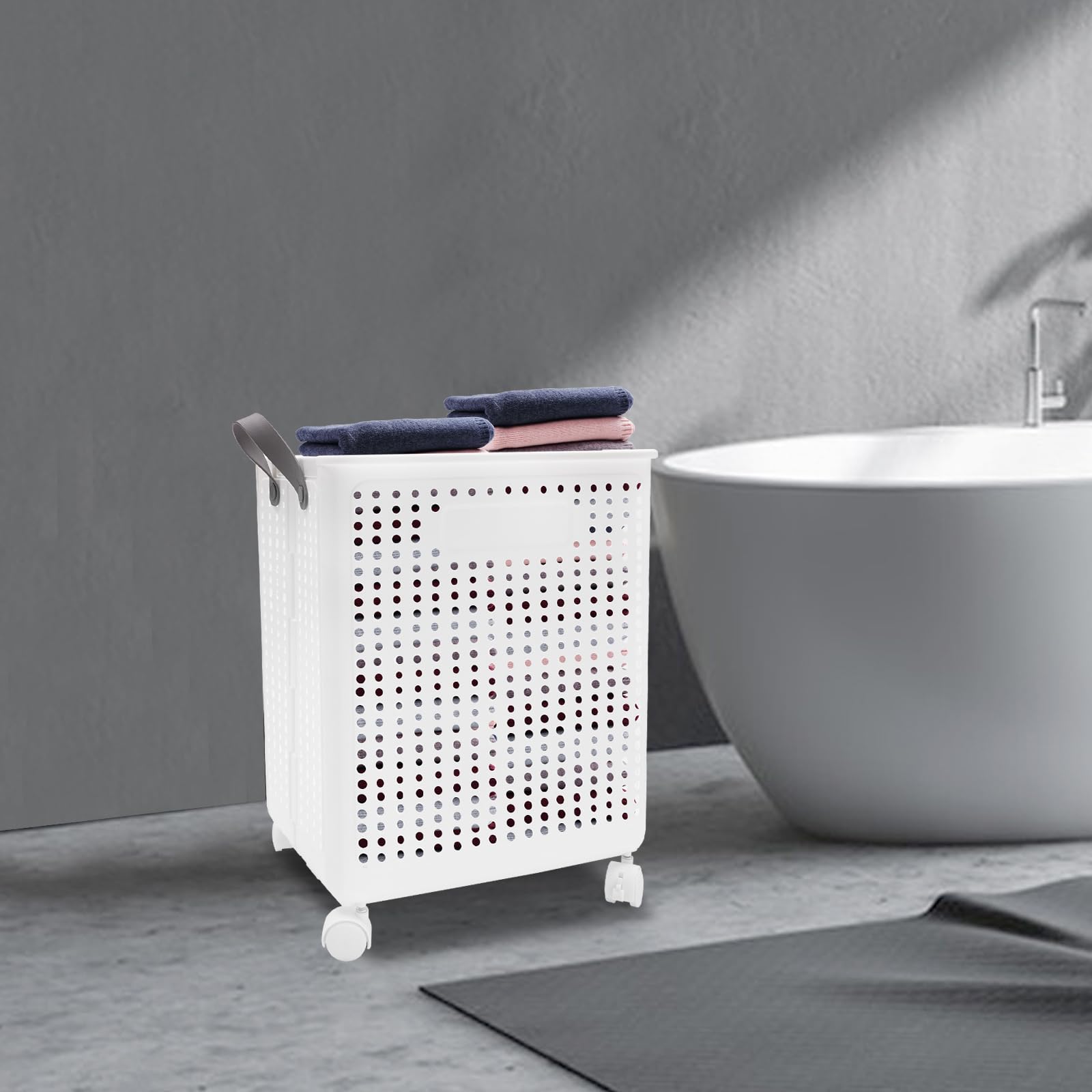 Cesto for la biancheria con ruote Cesto in plastica pieghevole con manico Organizer for bidone pieghevole traspirante(White)