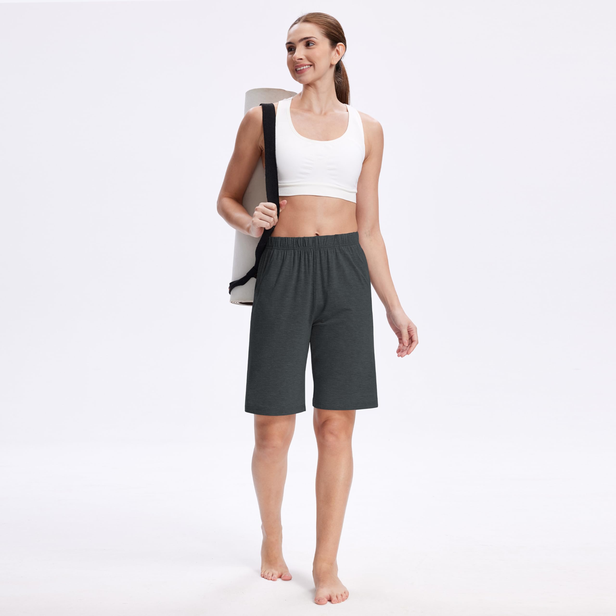 MoFiz Femme Bas de Pyjama Shorts au Genou d'Été Doux Pantalon Court de Nuit Maison Dormir avec Poches