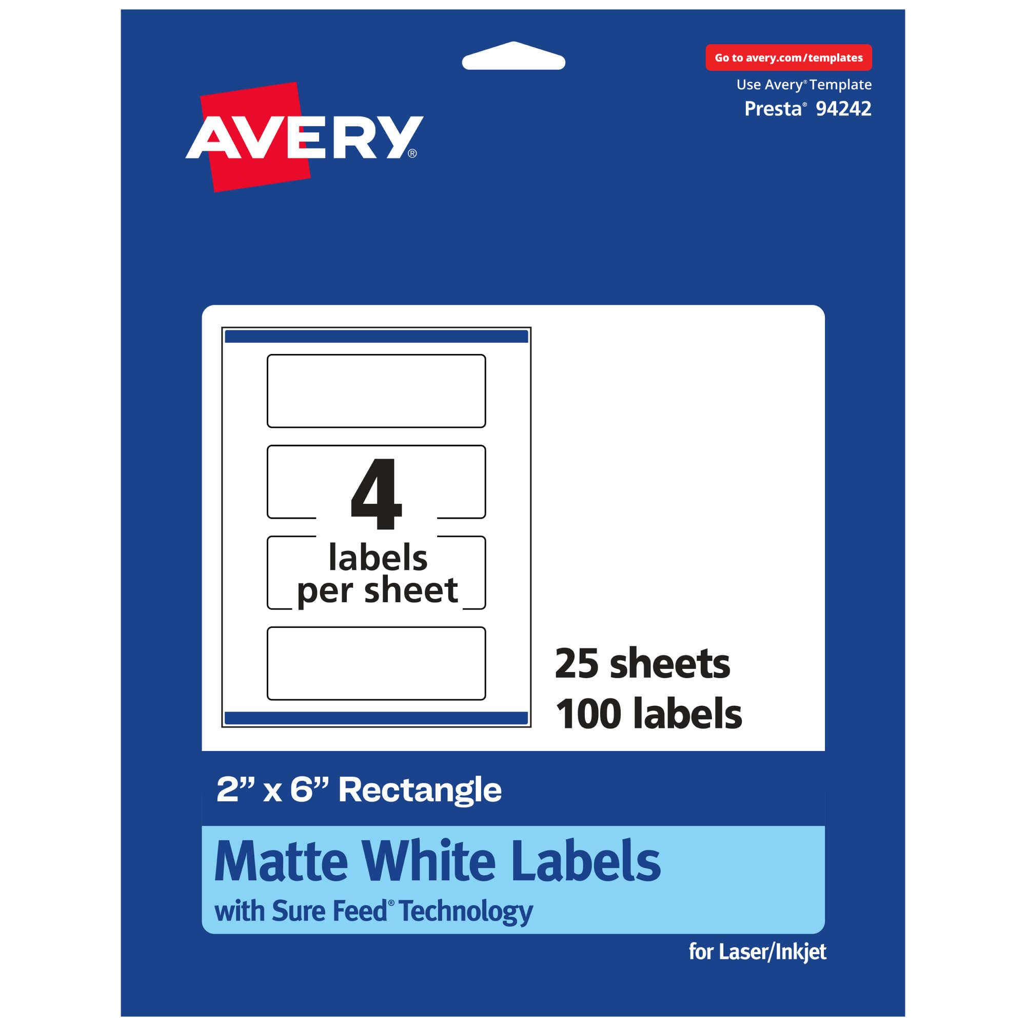 Avery Matte White Rectangle Labels, Sure Feed Technology, 2" x 6", 100 Matte White Printable Labels