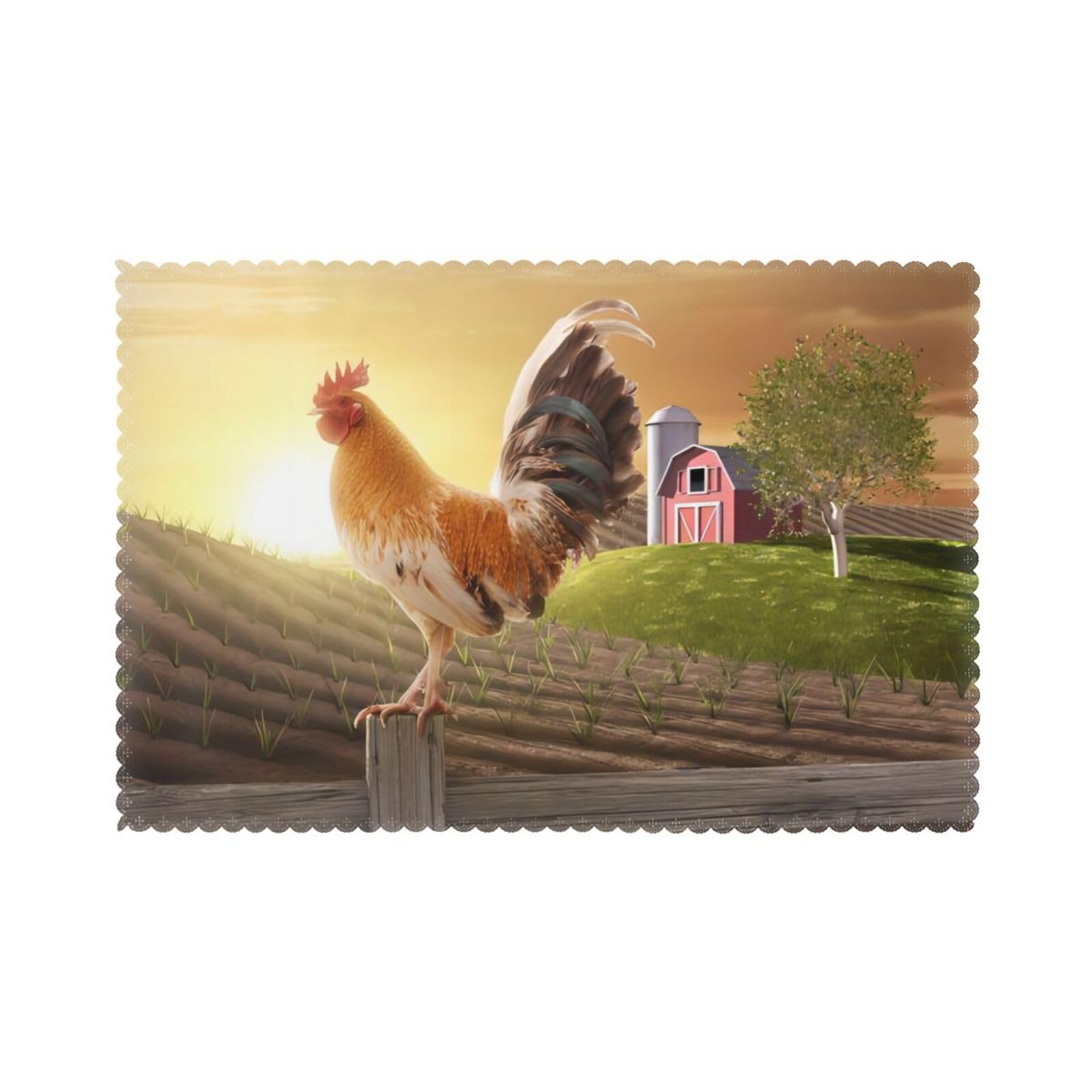 Rooster on Wood in Farmland Printed table mat set (6 pieces) - Aesthetic upgrade for family gatherings and hotel banquets