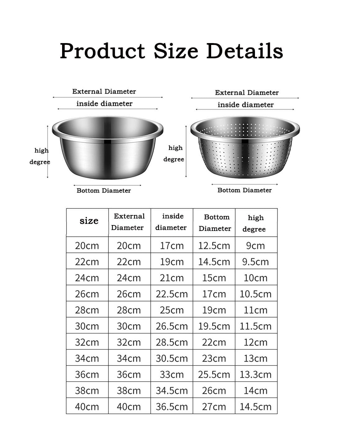 Edelstahl Küchensieb Schüssel Set 2-teilig, stapelbare Küchenschüsseln mit Abflusssystem, 20CM-40CM Durchmesser, stapelbar und rostfrei zum Waschen von Reis, Salat, Obst, Gemüse (40CM)