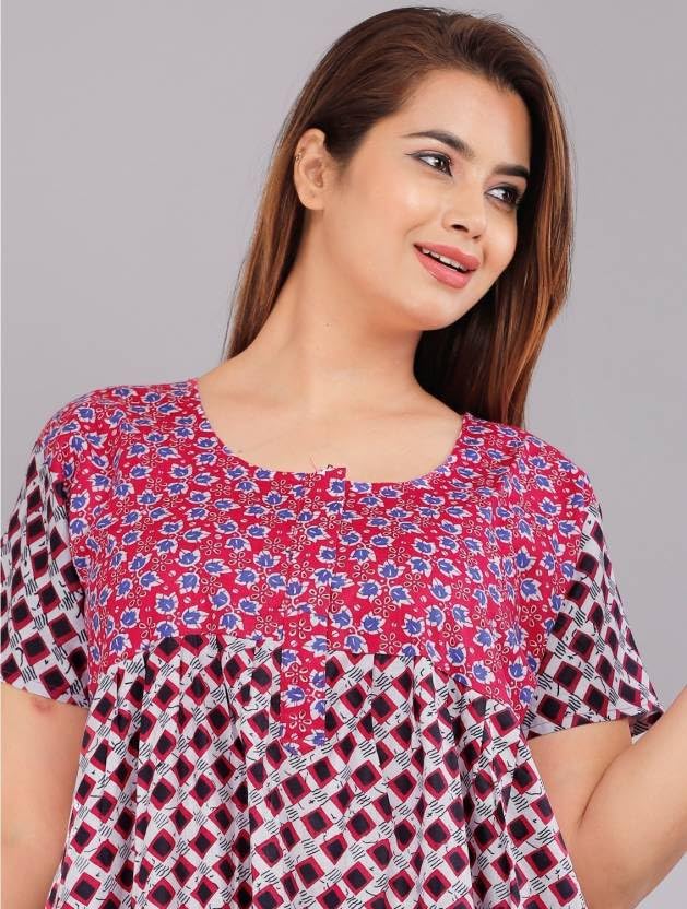 Image of Women Flower Printed Casual Wear Cotton Nighty - Gown-MFNT5014