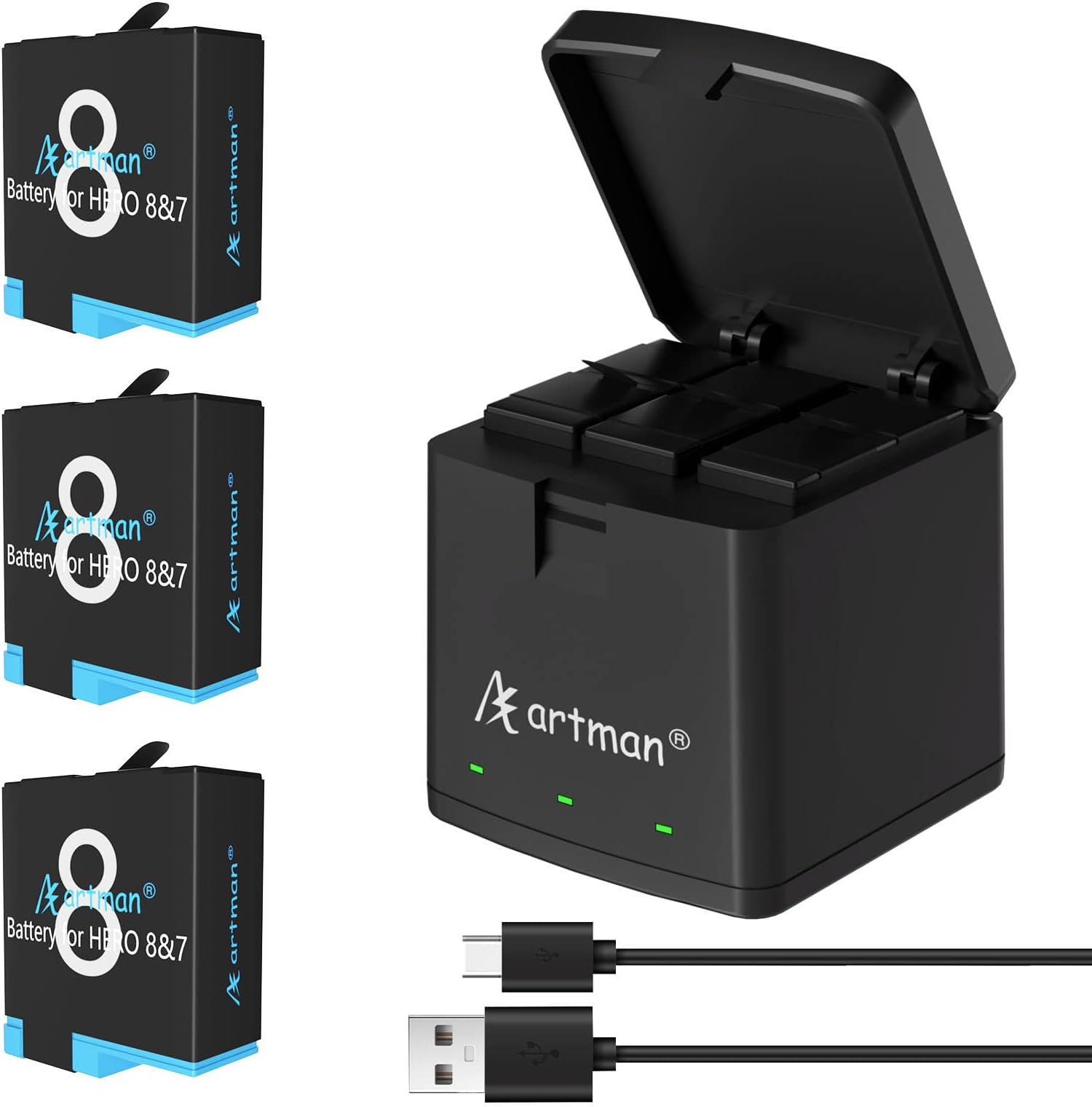 Artman Hero 8/7/6 1500mAh Replacement Batteries(3-Pack) and 3-Channel LED USB Charger Compatible with GoPro Hero 8 Black,Gopro Hero 7 Black,Hero 6 Black(Fully Compatible with Original)