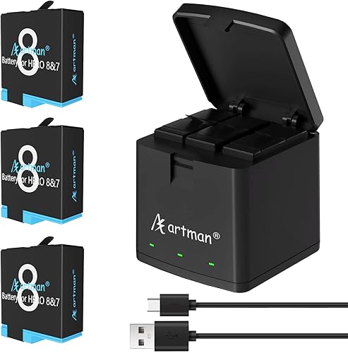 Artman Hero 8 - BaterĂa de 1500 mAh (paquete de 3 unidades) y cargador de almacenamiento USB LED de 3 canales para Gopro Hero 8 negro, Hero 7 negro, Artman Hero 8 - BaterĂa de 1500 mAh (paquete de 3 unidades) y cargador de almacenamiento USB LED de 3 canales para Gopro Hero 8 negro, Hero 7 negro,