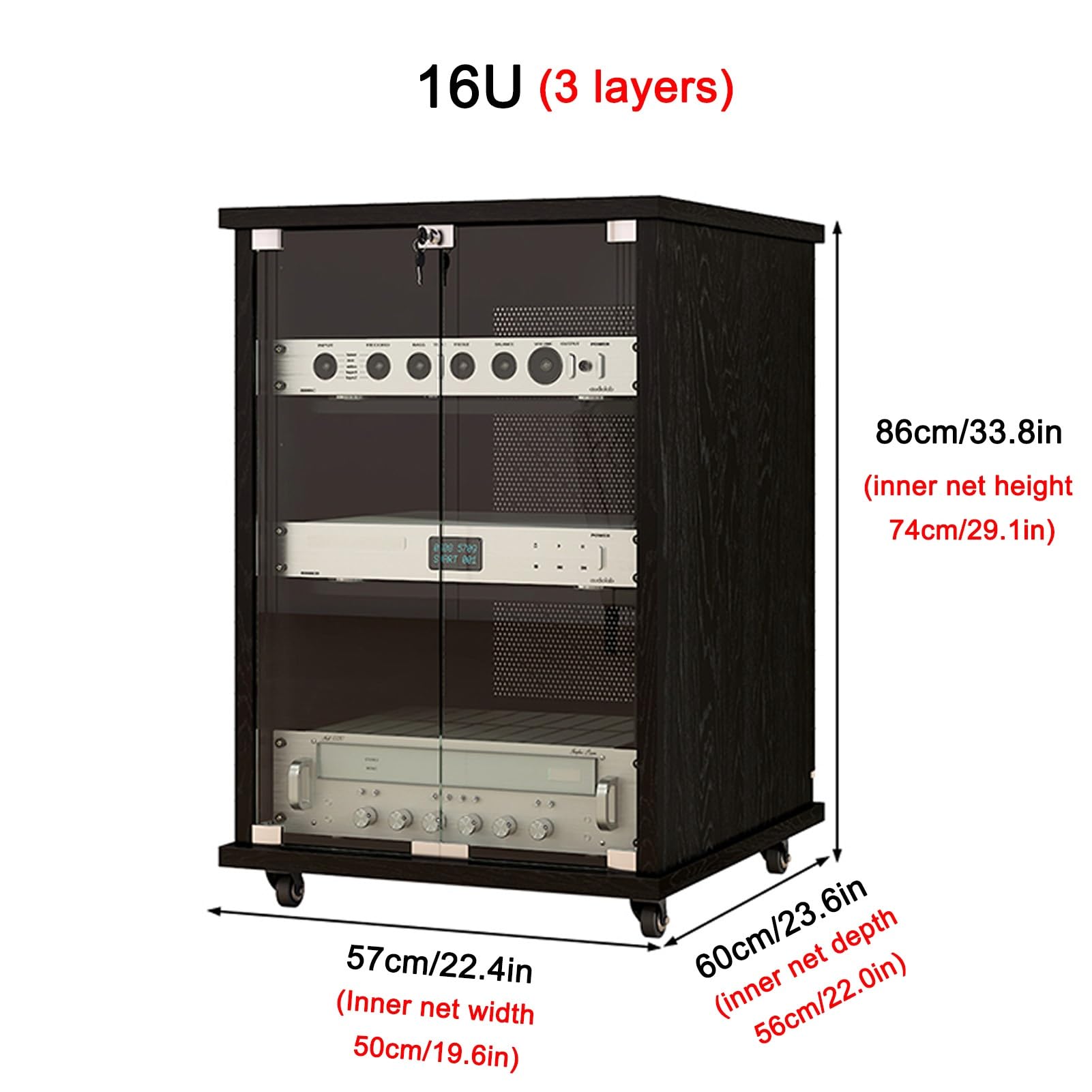 Supporto multimediale AV a 4 livelli, armadietto multimediale con ripiani in legno regolabili in altezza, rack audio mobile chiuso, ante in vetro temperato, gestione cavi (legno di pero, 16U)