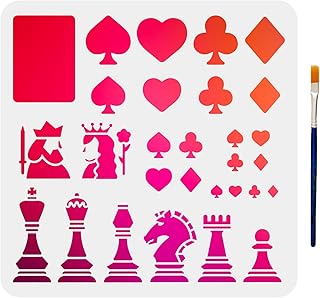 MAYJOYDIY Playing Cards Chess Stencils 11.8×11.8inch Hearts Clubs Diamonds Spades Stencil with Paint Brush International Chess Pieces Card Suits Drawing Stencil for Art Craft on Wall Furniture Wood