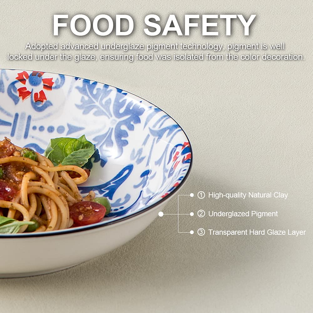 HAPPY KIT 8 inch Pasta Bowls, Salad Bowls Set of 6 for Dessert Appetizer Pasta Bread, Scratch Resistant & Leak Free, Microwave, Oven and Dishwasher Safe, Multiple Pattern