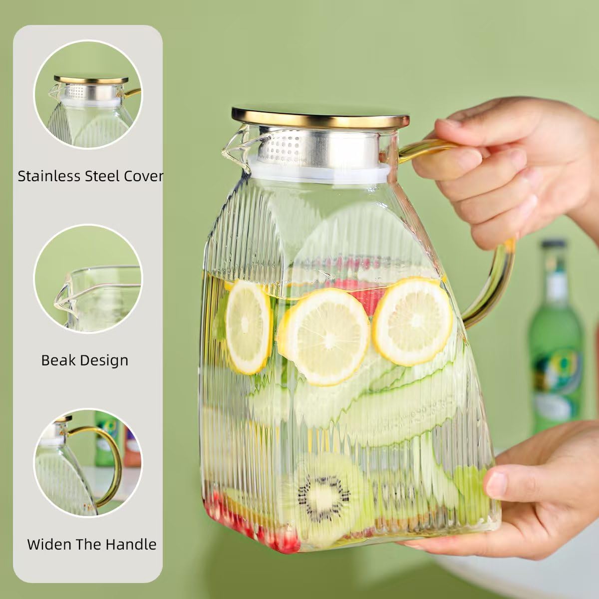 Glass Pitcher with Lid 1.8L, Borosilicate Glass Water Jug for Refrigerator Door, Hot & Cold Beverages, Leak-Proof Stainless Steel Lid with 2 Filter Holes for Iced Tea, Juice, Coffee, Milk - Image 3
