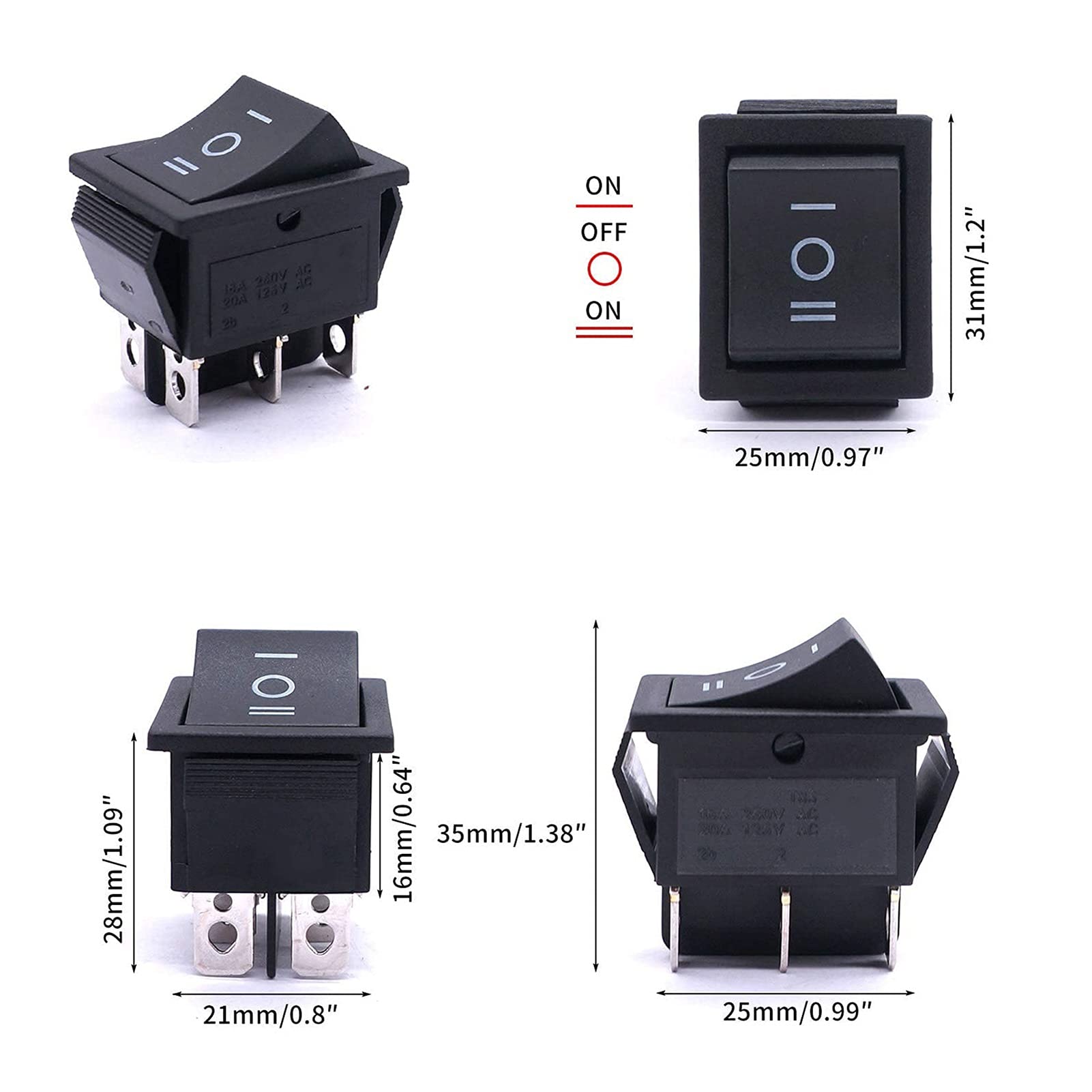 ZUC 5Pcs AC 250V/16A,125V/20A Black ON/Off/ON DPDT 6 Pin 3