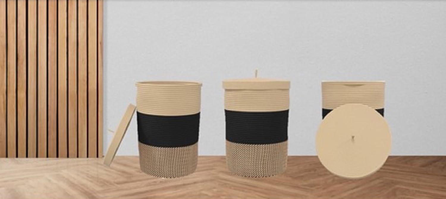 Large Cotton Rope Decorative Storage Basket with Lid, 14.57 x 19.69 inchs Bin Tall Woven Collapsible Laundry Hamper with Sturdy Handles Foldable Organizer for Blankets Clothes Towels Black Brown Beige