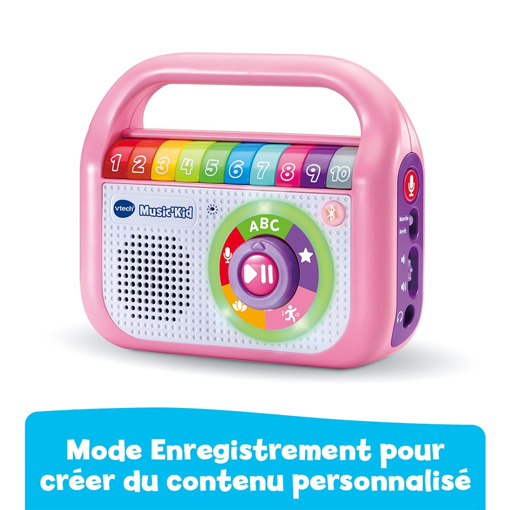 VTech - Music'Kid Rose, Baladeur Musical Enfant, Enceinte Bluetooth Lumineuse avec Comptines, Chansons Éducatives et Relaxantes, Enregistreur Vocal, Cadeau Enfant Dès 2 Ans - Contenu en Français