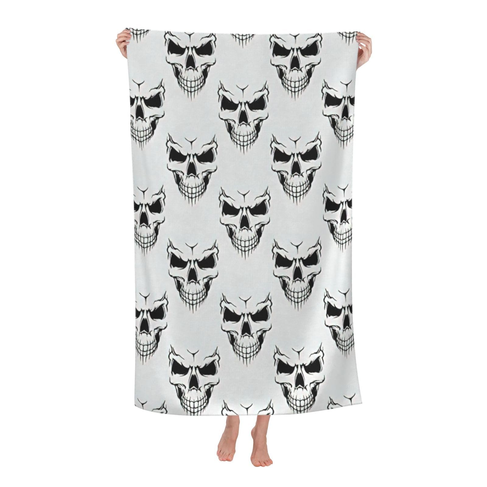 NImongt Halloween Themed Monochrome Skeleton Head Print Oversized Adult Beach Towel For Travel Weekend Getaways Festivals Camping Trips