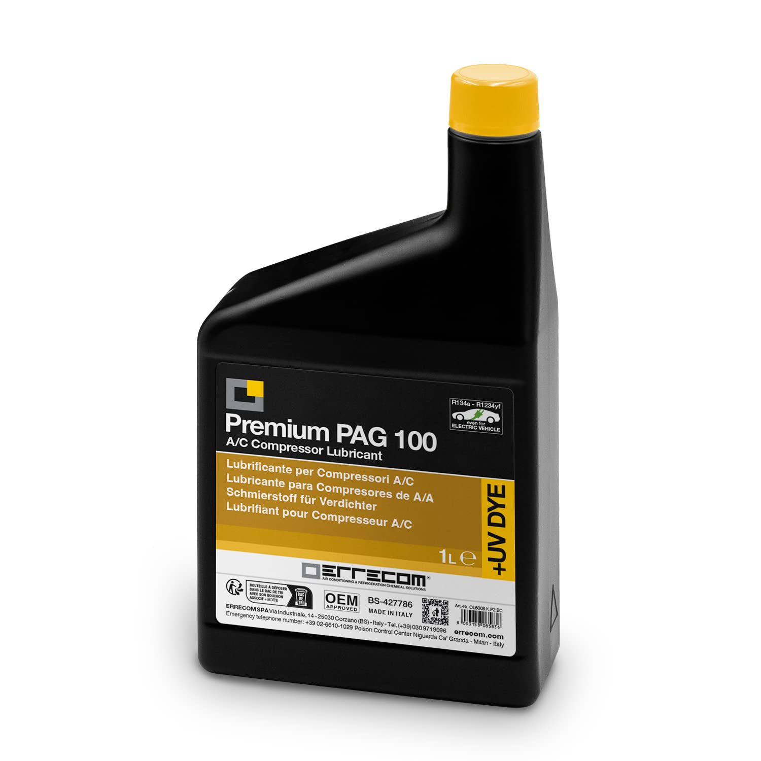 Errecom PAG 100 Premium + UV DYE - 1 L, Schmiermittel für konventionelle oder elektrische Kfz-Klimakompressoren, die mit den Kältemitteln GAS R134a und R1234yf betrieben werden