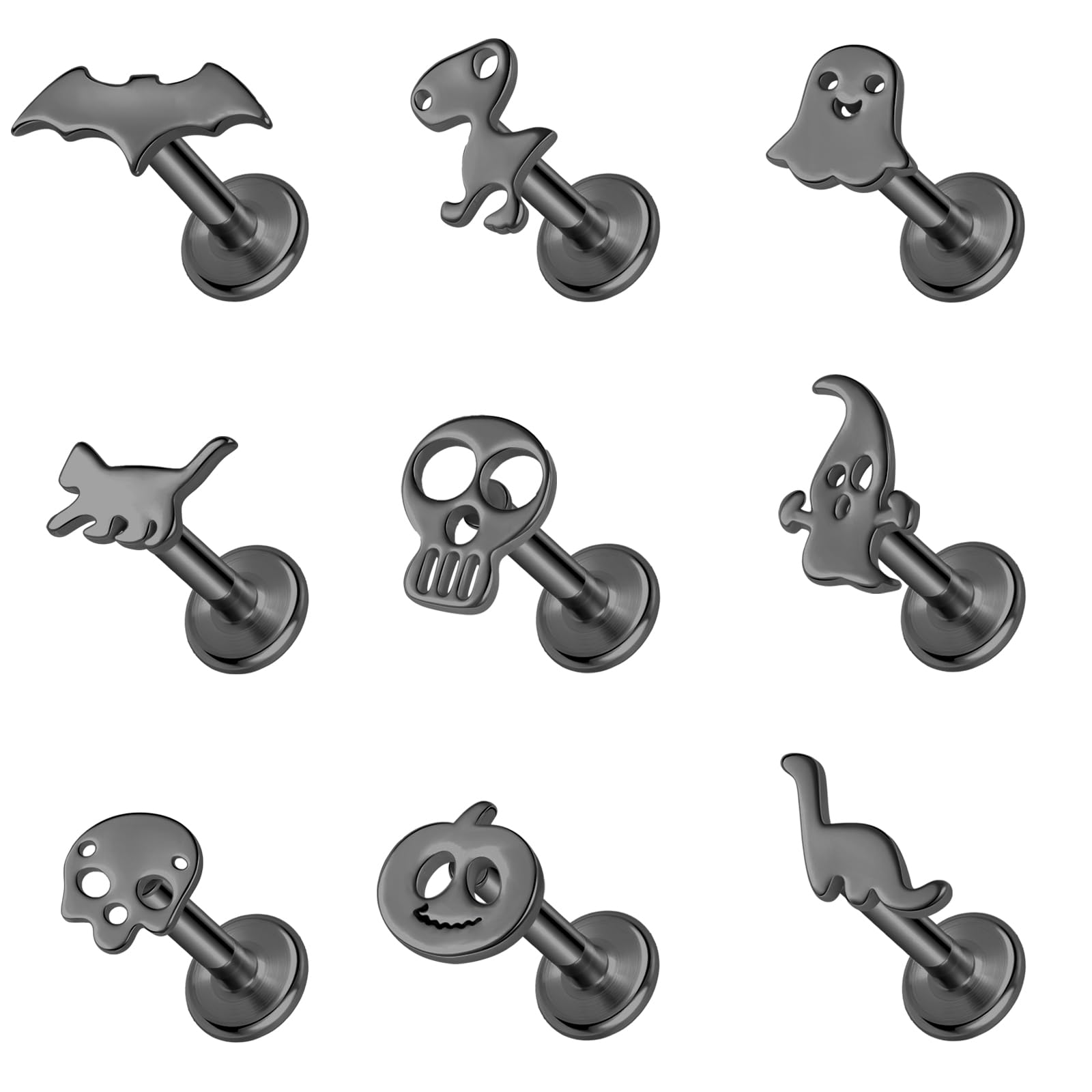 ZS9Pcs 16G Halloween Lip Labret Studs, Stainless Steel Internally Threaded Jewelry for Conch Medusa Piercing, Black Bat Skull Ghost Forward Helix Tragus Earring for Women Men