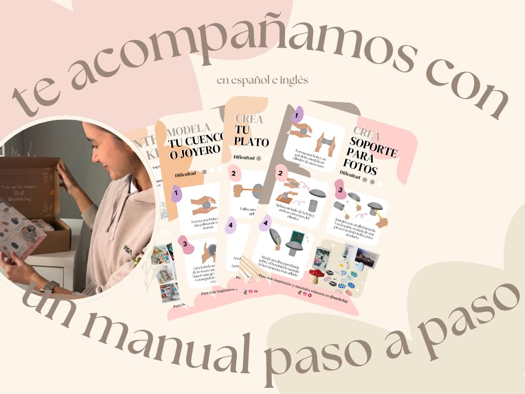 ÖHMYHOME Kit argilla essiccazione all'aria. Set di artigianato ecologico in argilla. Include vernice lucida, vernici pastello, strumenti, pennelli, spugna e manuale in spagnolo e inglese (Premium)